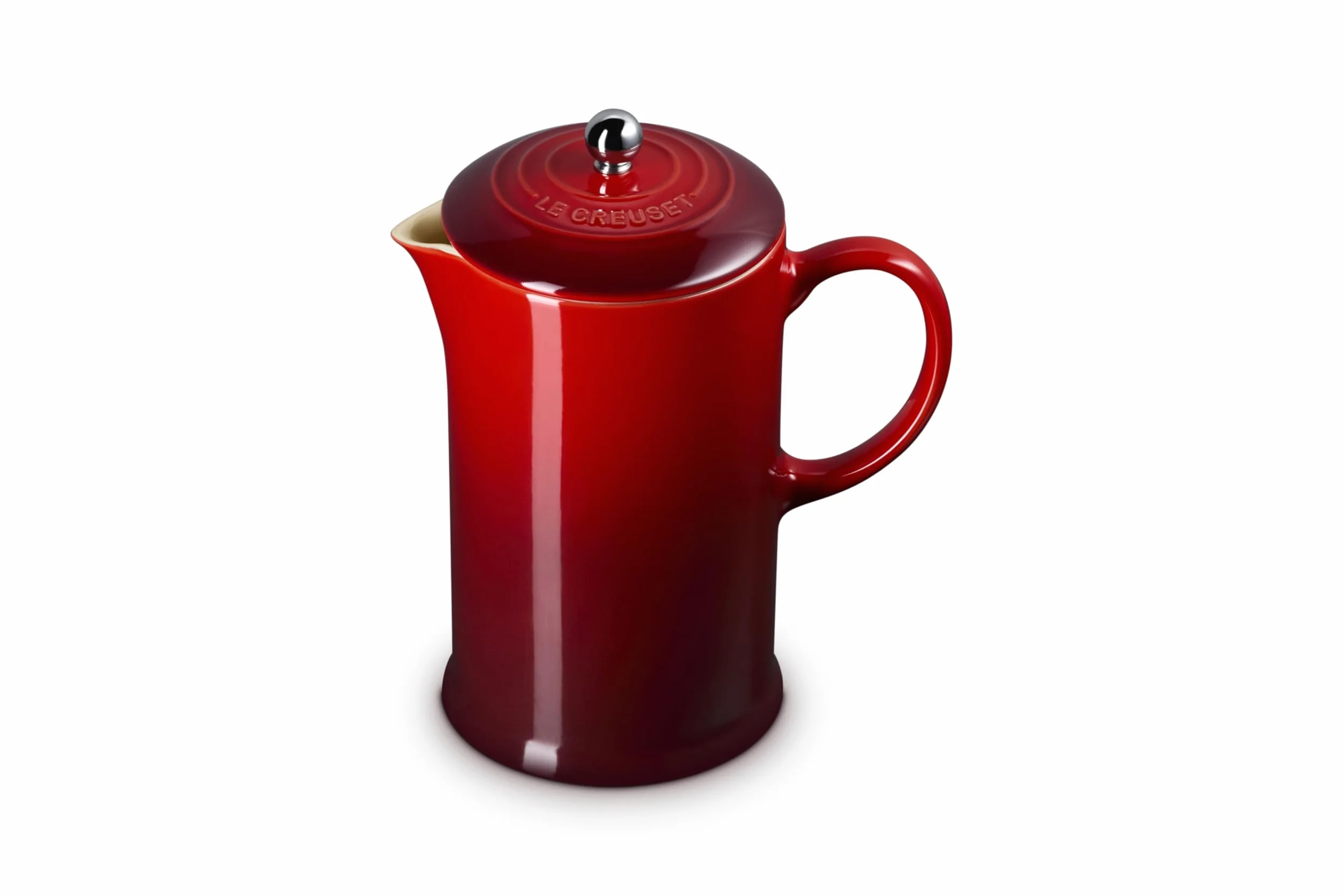 Le Creuset Kamionka Cafetière francuska prasa z tłokiem ze stali nierdzewnej, 1 l, nadaje się do 3-4 kubków, Cerise, 9102820006000; Wiśniowy