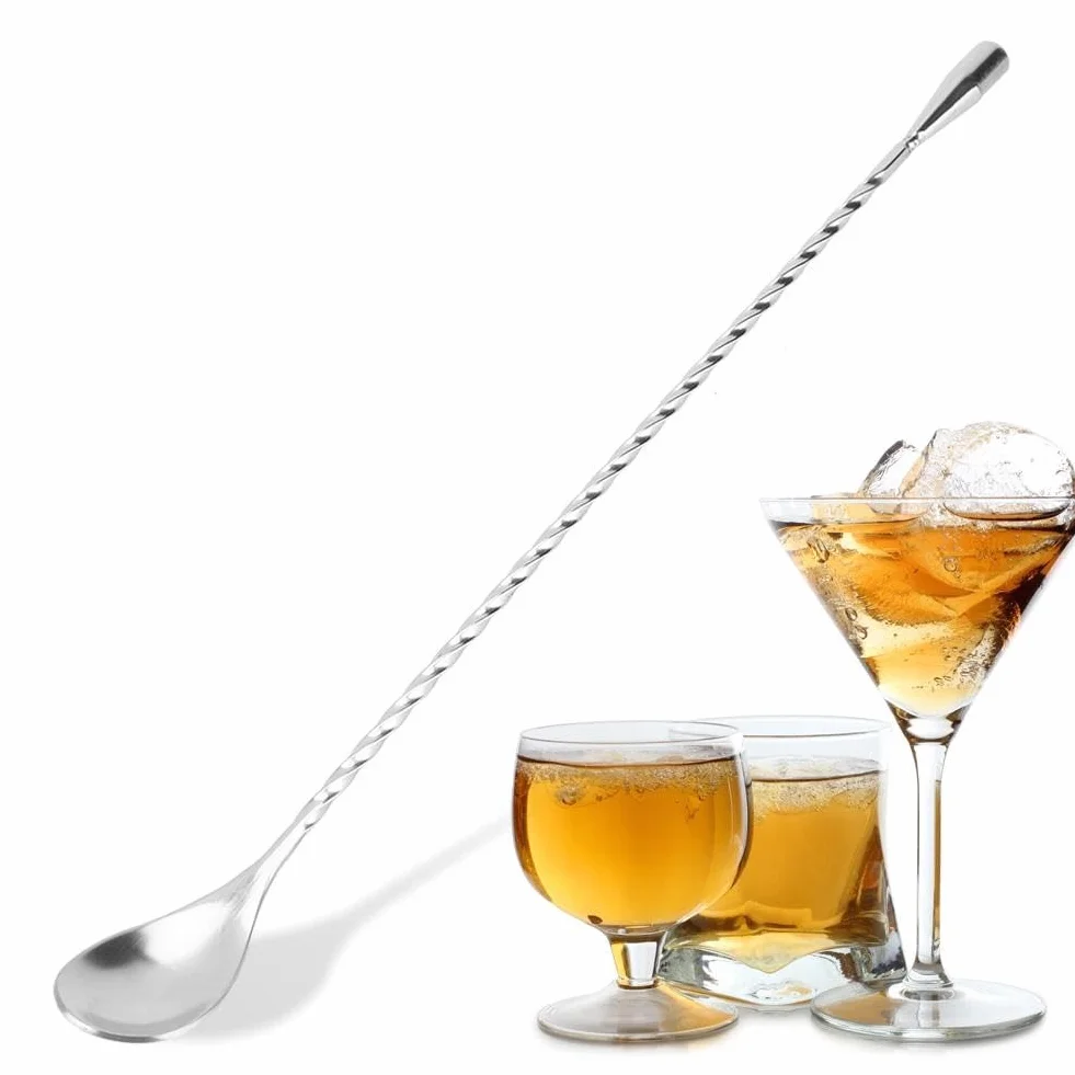 Nikou Łyżka barowa do wina, koktajli, ze stali nierdzewnej, z długą rączką, łyżka barowa, łyżka do mieszania napojów, do martini, kawy, baru, shakera