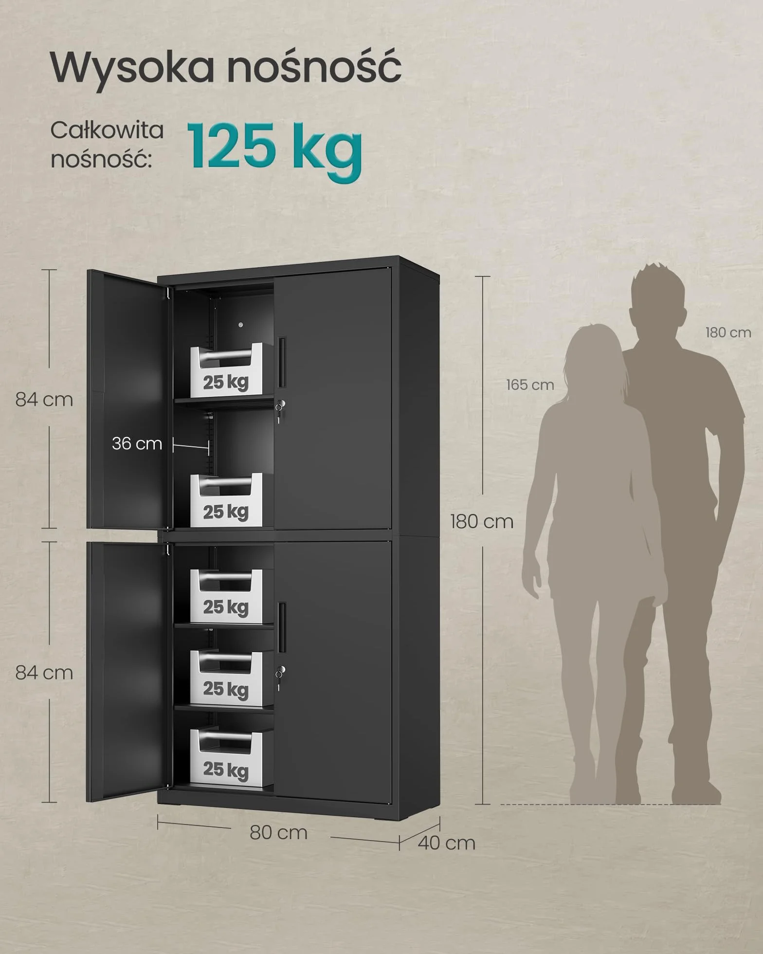 SONGMICS Metalowa szafka garażowa, wielofunkcyjna szafka na dokumenty z 4 drzwiami i 5 półkami, 40 x 80 x 180 cm, zamykana, z 2 zamkami, regulowanymi półkami, matowa czarna OMC016B01