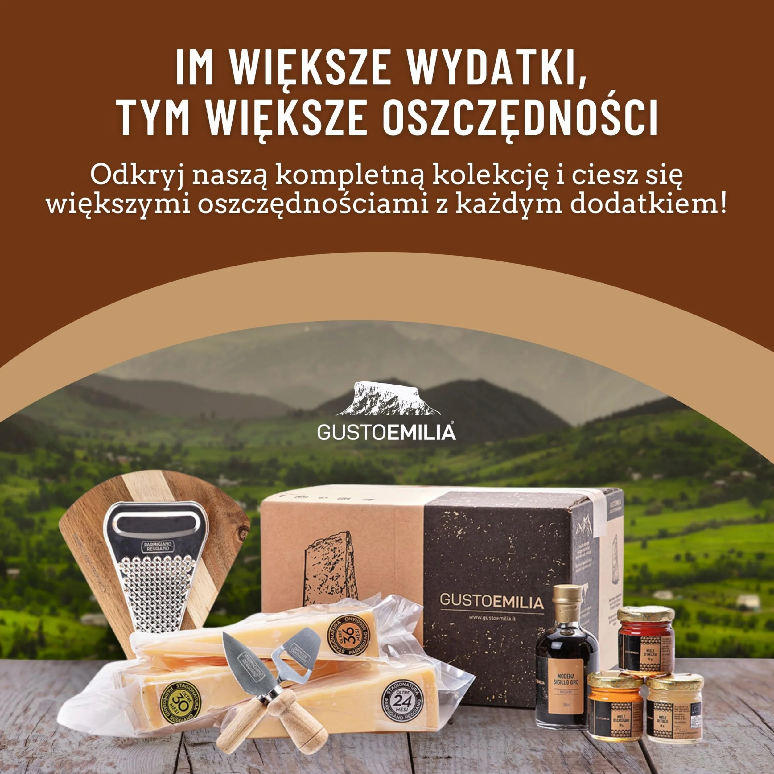 GUSTOEMILIA - Koszyczek Wielkanocny z typowymi produktami emilijskimi - Idealny Pakiet z Parmigiano Reggiano, Miodem, Octem Balsamicznym i Dodatkami - Pudełko Barzigola