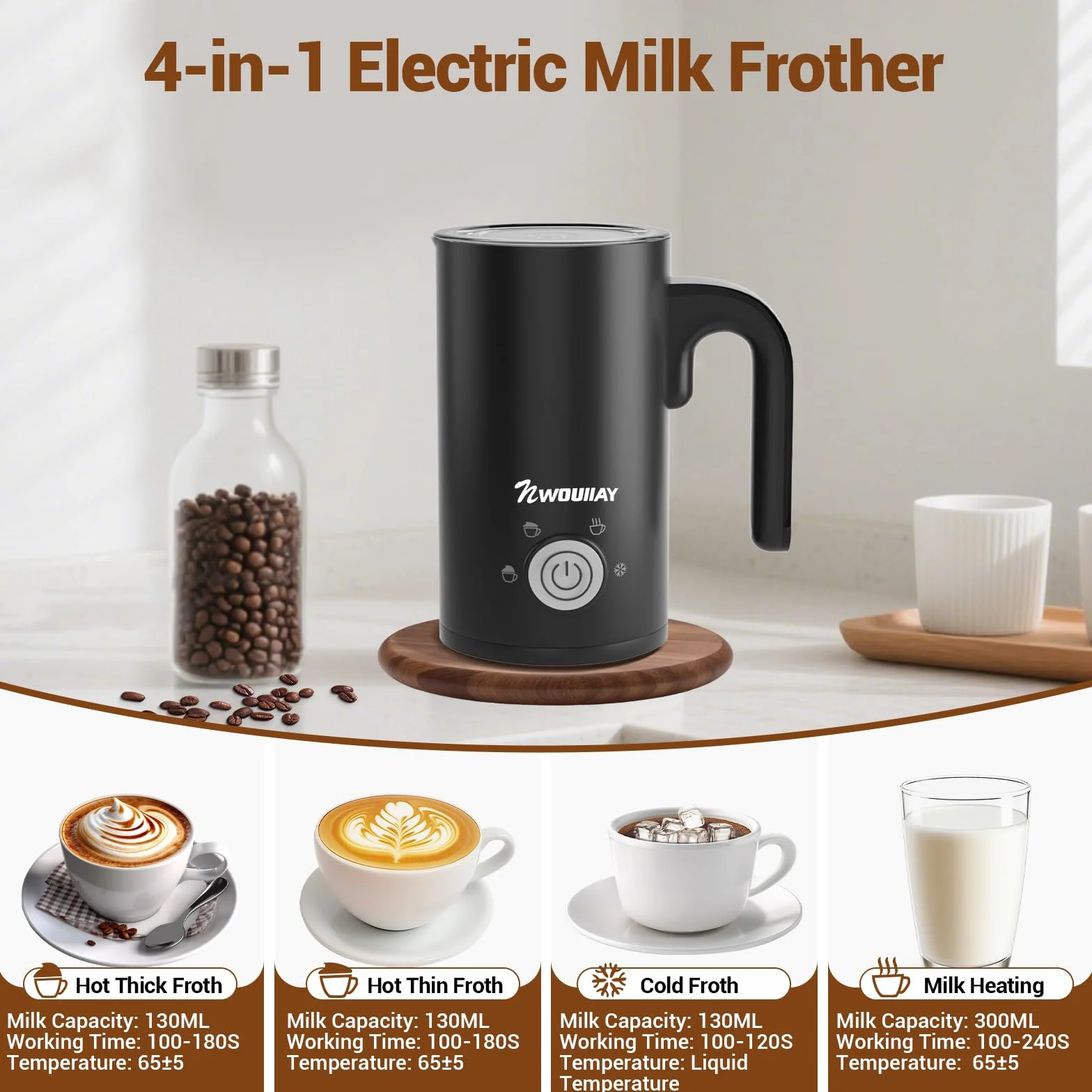 4-w-1 Elektryczny spieniacz do mleka 600W Automatyczny spieniacz do mleka o pojemności 300 ml do gorącej i zimnej pianki mlecznej, latte, cappuccino