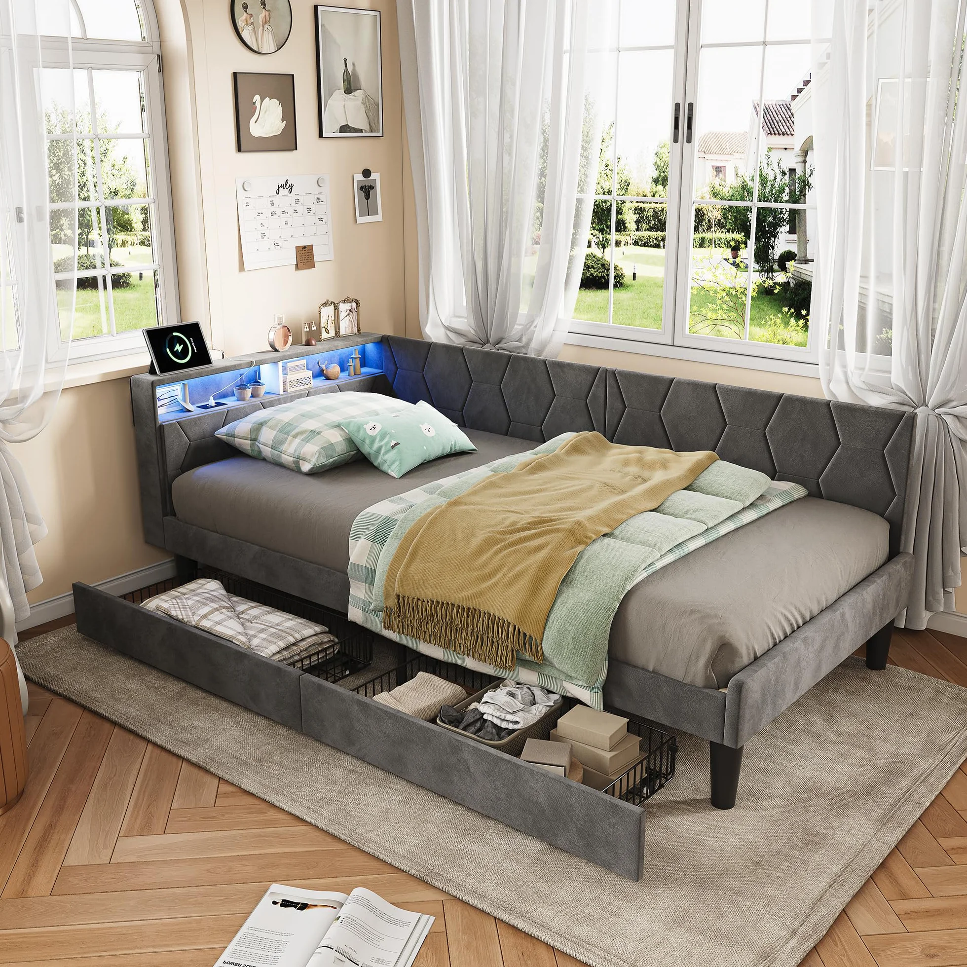 KeepGoon 90 x 200 cm łóżko tapicerowane z 2 szufladami, z aksamitu, łóżko pojedyncze/rozkładane, zagłówek LED ze schowkami, funkcja ładowania USB i stelaż, łóżko młodzieżowe dla dorosłych