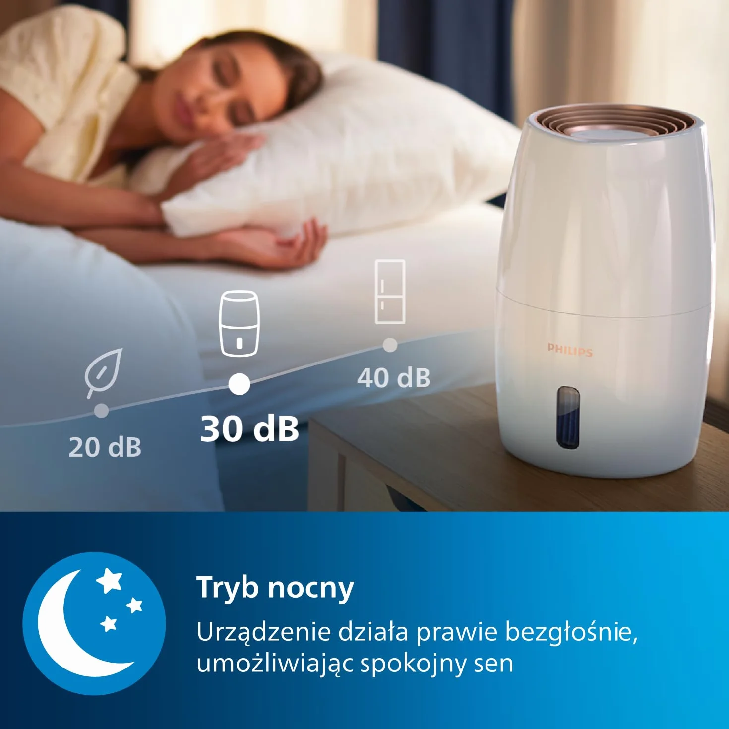 Philips Nawilżacz powietrza Serii 2000, Higieniczne nawilżanie NanoCloud, 99,97% mniej bakterii, 200 ml/h, Zbiornik 2L, Ultra cichy (33 dB), 3 prędkości, Tryby Auto i Nocny, Timer, Biały (HU2716/10)