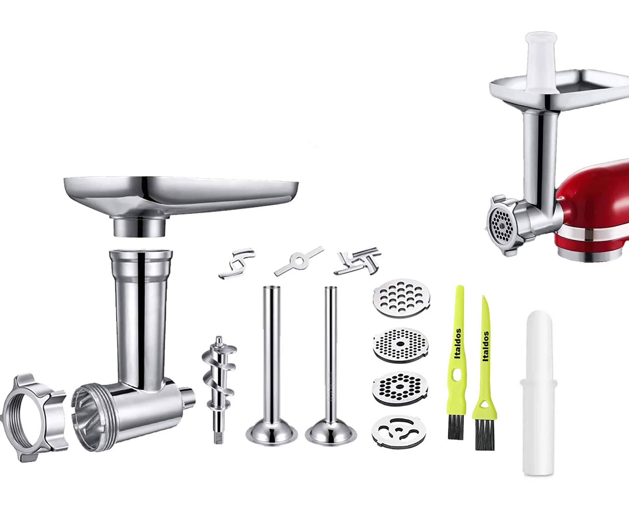 Italdos Maszynka do mięsa kompatybilna z KitchenAid Maszyna do pakowania kiełbasy 4 krążki do wyboru akcesoria do serii Artisan i Professional - stal nierdzewna