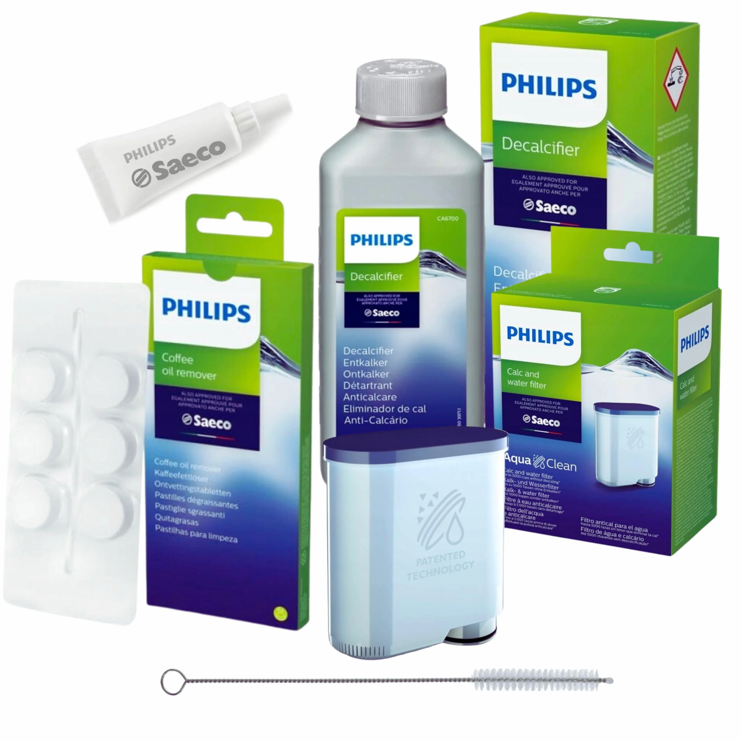 Philips Zestaw do kompleksowej pielęgnacji ekspresów do kawy AquaClean (zawiera filtr do wody CA6903), odkamieniacz 250 ml, smar HD5061, tabletki odtłuszczające do kawy CA6704/10 (6 sztuk), szczotka