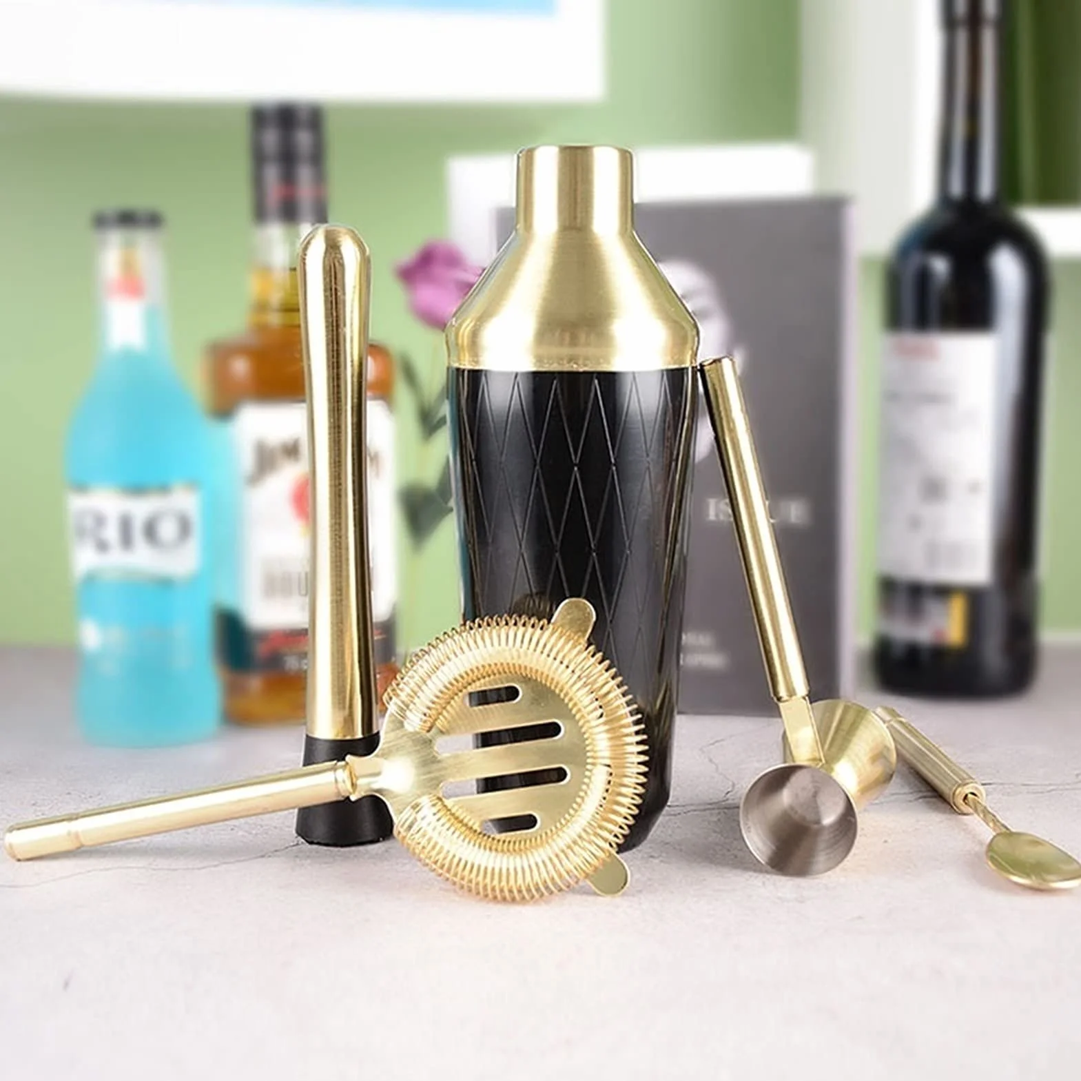 Mieszadło do wina Koktajl Shaker Bar zestaw z akcesoriami - Zestaw Martini z Jigger pomiarowym i łyżką do mieszania, Sitko, Muddler Professional Bar Narzędzia Shaker do koktajli(C)