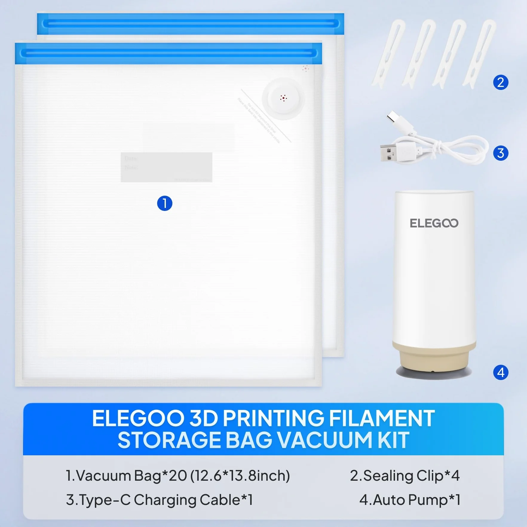 ELEGOO woreczki próżniowe na filament 3D z automatyczną pompą, 20 woreczków na filament 35x32 cm, szczelne i odporne na wilgoć