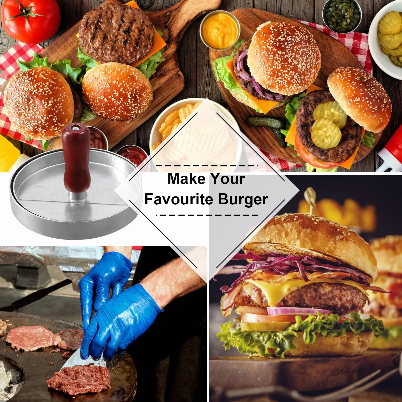 Okrągła aluminiowa prasa do hamburgerów z drewnianym uchwytem, nieprzywierająca forma do hamburgerów, idealna do wyciskania ciastek i użytkowania BBQ, w tym 50 arkuszy papieru