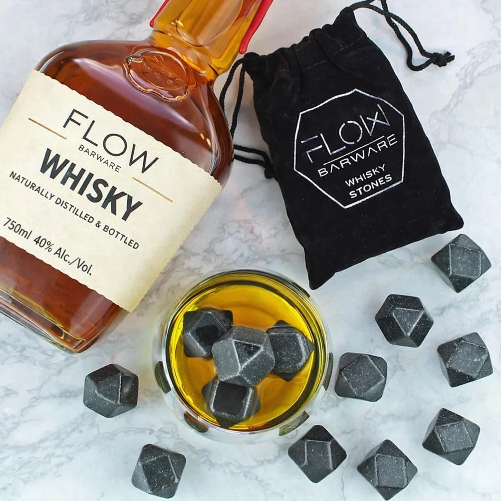 FLOW Barware Kostki do whisky | Polerowane kostki do whisky w kształcie diamentu | Zestaw 9 kostek do whisky w prezencie dla mężczyzn, taty, na Dzień Ojca | Zachowaj chłodne i nierozcieńczone rum i