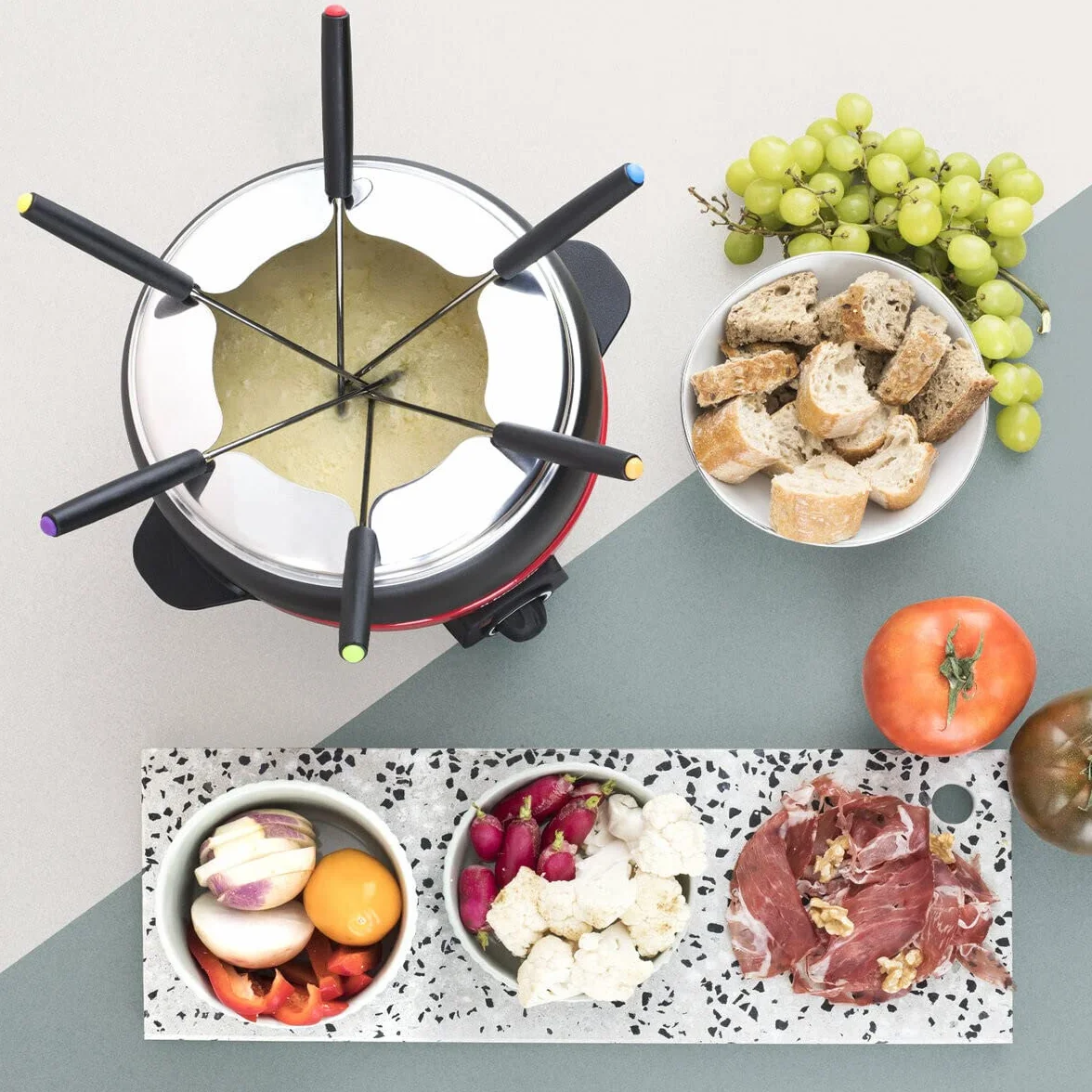 H.Koenig Elektryczne urządzenie do fondue z 6 widelcami, 2 l, stal nierdzewna ALP1800, zestaw do fondue, czekolada, ser, savoyarde, wyjmowana miska, powłoka zapobiegająca przywieraniu, wytrzymała,