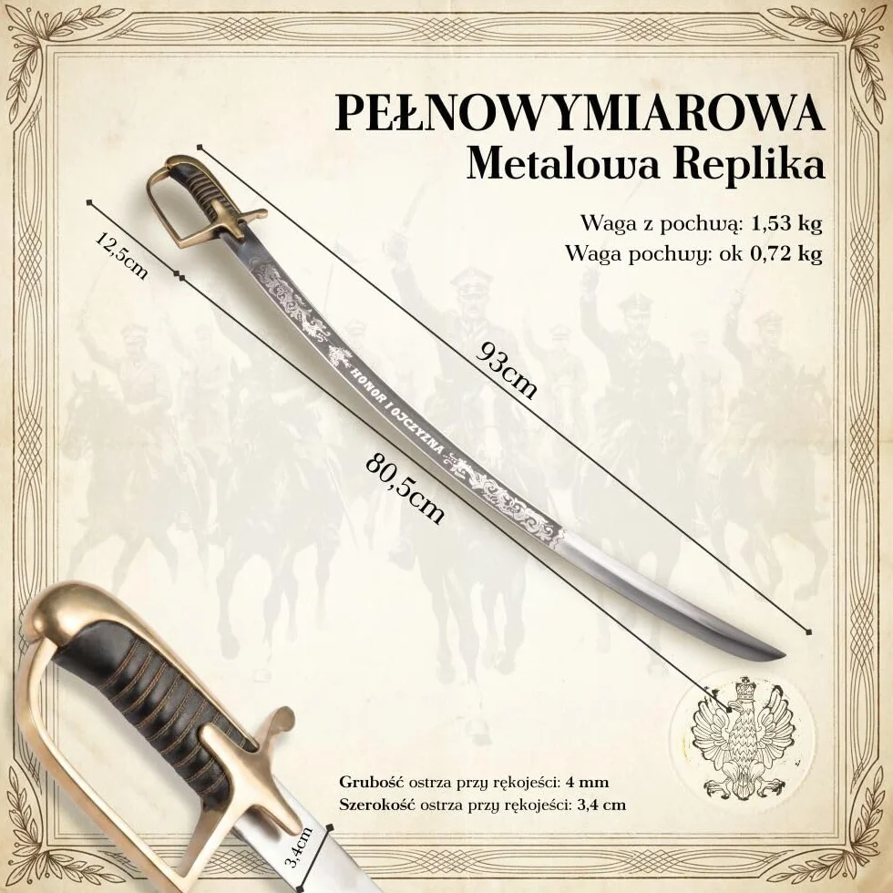Rekwizyt Historyczny ze Stali bez Pochwy Honor i Ojczyzna 93 cm plus Chwost