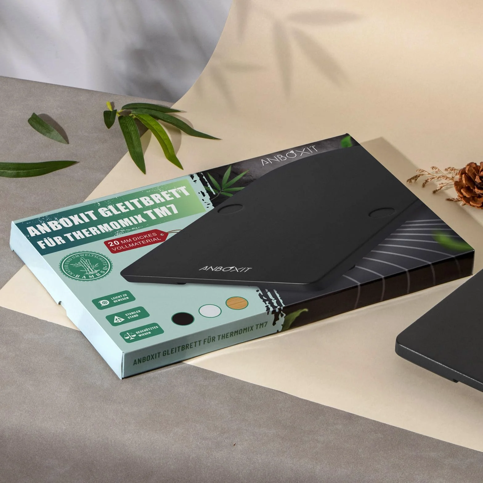 ANBOXIT Deska przesuwna TM7 do Thermomix, Deska do Thermomix z rolkami, Łatwa przesuwna bambusowa deska/slider - Czarny