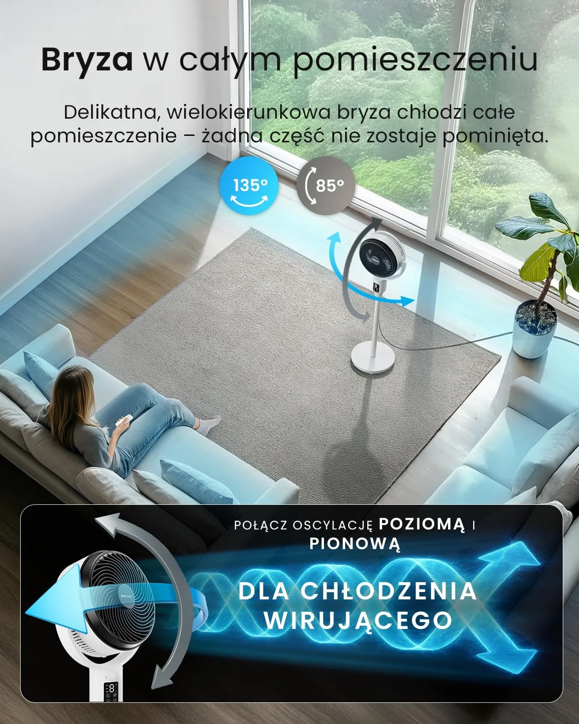 Wentylator kolumnowy Pro Breeze 109 cm – 29 dB Supercichy – Wyświetlacz LED, Pilot, 2 Tryby Chłodzenia, Ruch Pionowy i Poziomy – Energooszczędny – Dom i Biuro