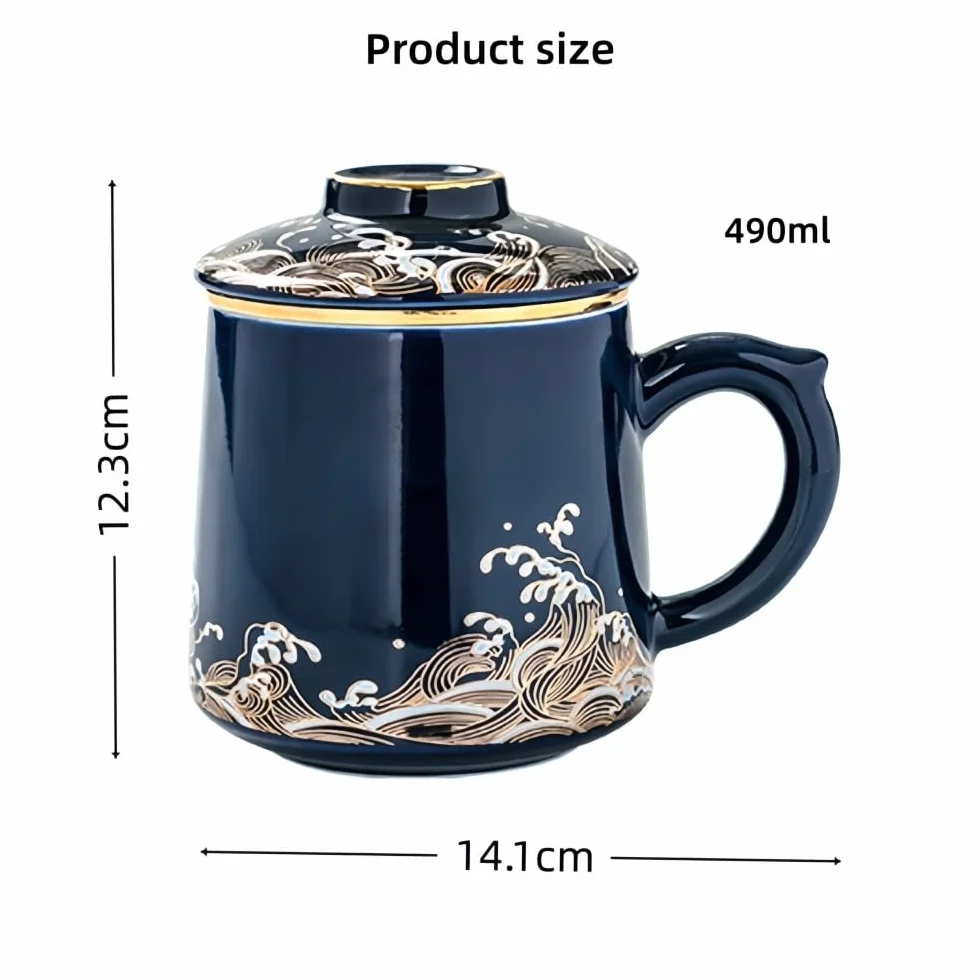 Kubek ceramiczny do herbaty z pokrywką i zaparzaczem do herbaty sypanej, wzór fal lub tygrys i chmura, kubek do zaparzania herbaty do biura i domu, wiele kolorów (Fale - Azure Blue)