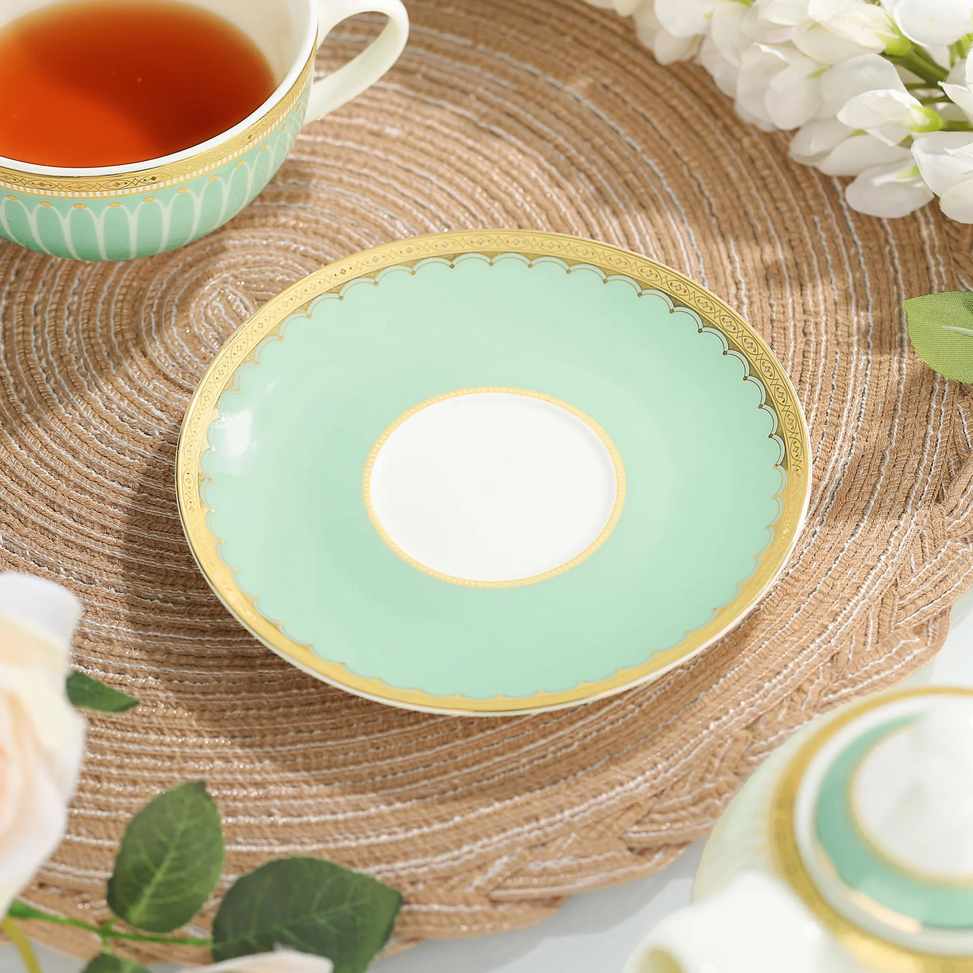 fanquare Zestaw do herbaty Tea for One z złotym obramowaniem, zielony zestaw do herbaty dla dorosłych, ceramiczna filiżanka do kawy z podstawką, klasycznie w paski