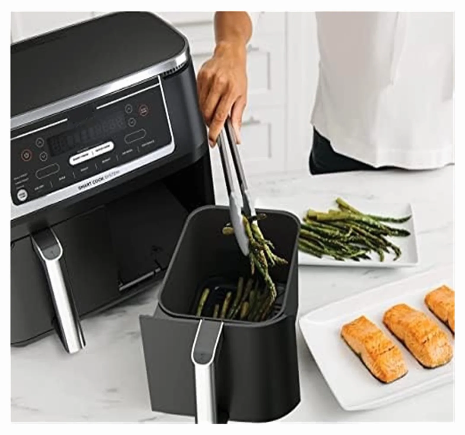 Podstawowe produkty spożywcze i pomocnicy rodziny 6 w 1 podwójna strefa 2 kosze frytkownica powietrzna Smart Air Fryer beztłuszczowa elektryczna frytkownica oddzielny kosz do smażenia 8L Inteligentny