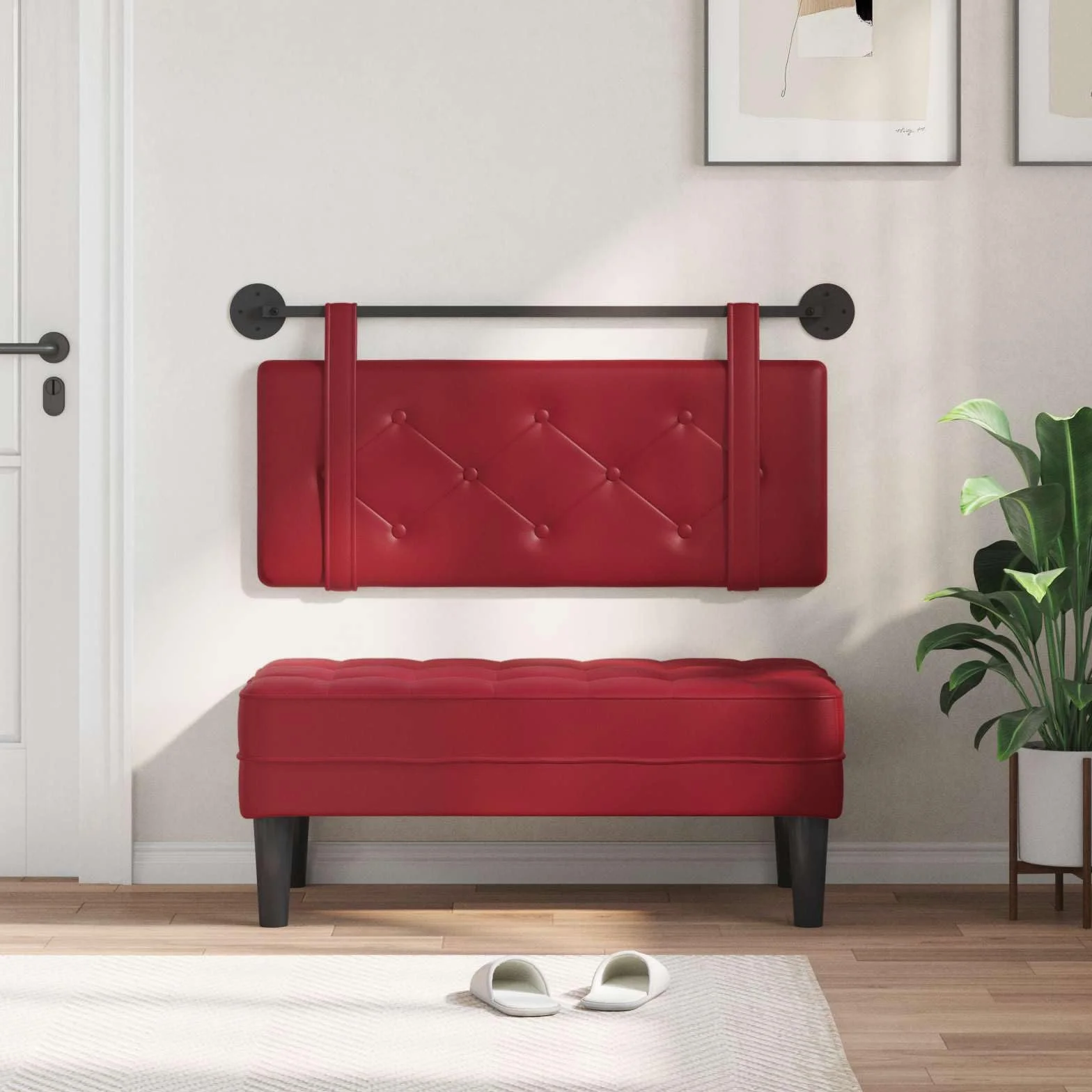 Wiszący zagłówek ze sztucznej skóry w kolorze czerwonego wina, wyściełany panel ścienny do sypialni, 110 x 55 cm, ze zdejmowanym paskiem i metalowym uchwytem