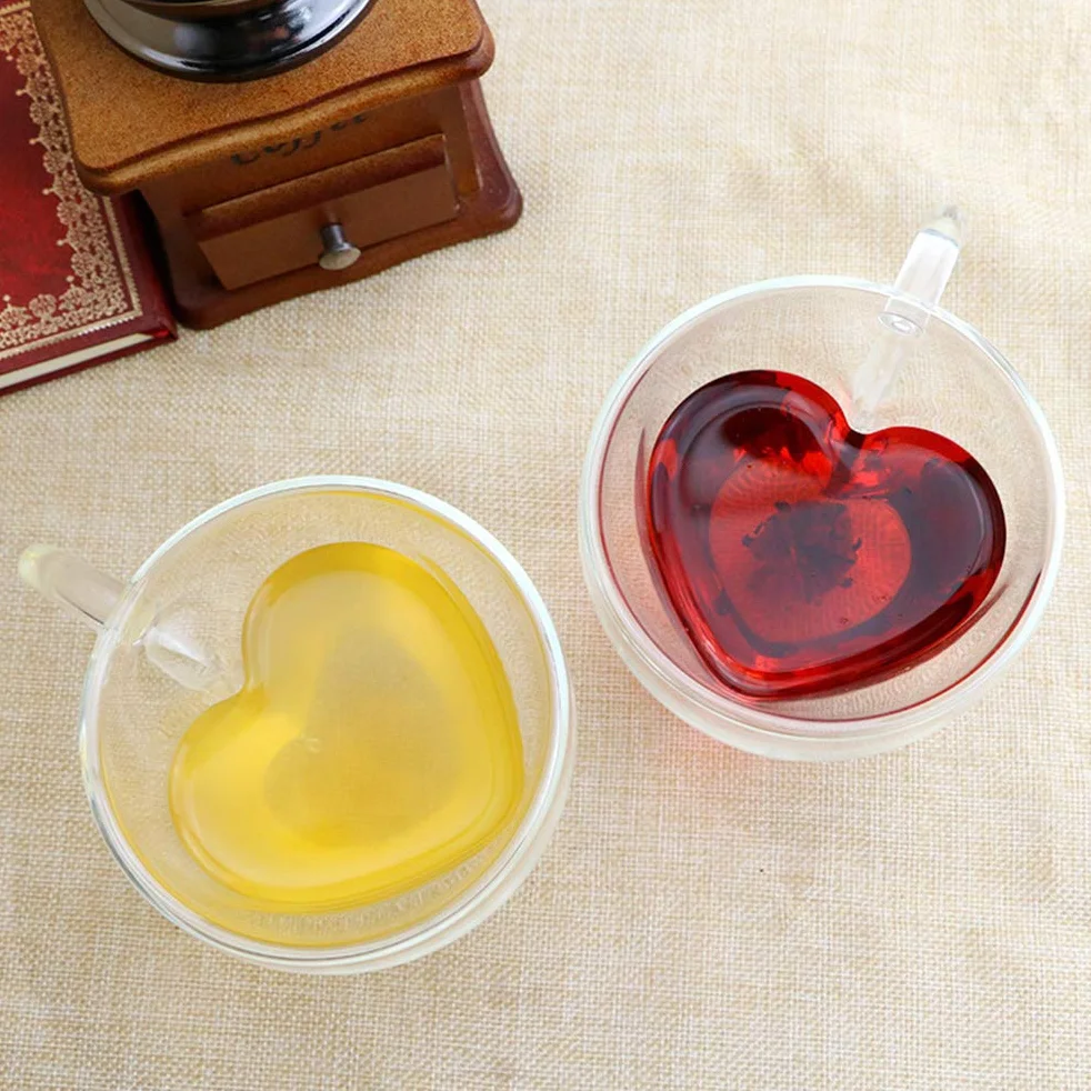 Szklany kubek, w kształcie serca podwójna ściana szklany kubek żaroodporny kubek do herbaty 180 ml/240 ml