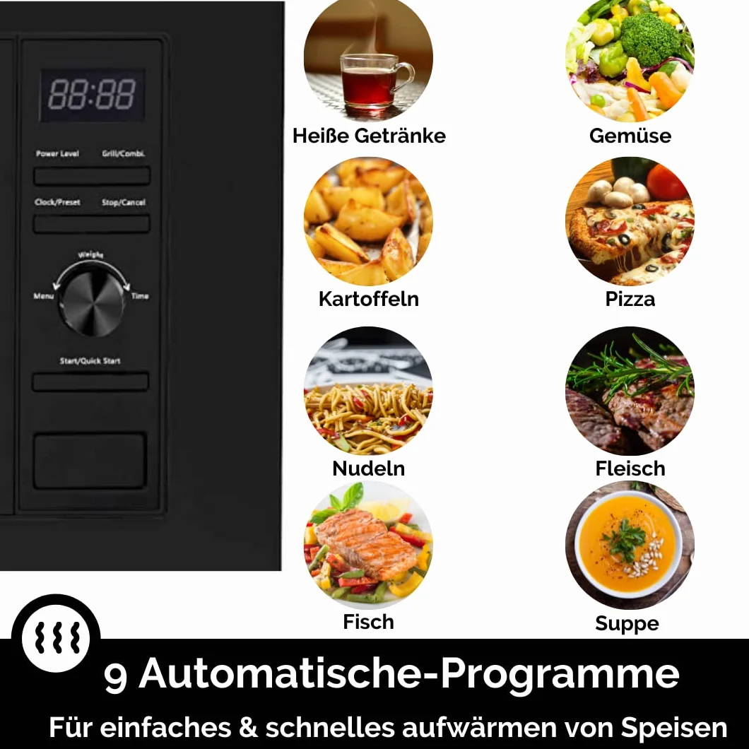 Wolkenstein WMW800-20GB EB Einbau Mikrowelle, 60 cm breit, 800 W, 20 L, 6 Leistungsstufen, Auftaufunktion, Grill 900 W, Kindersicherung, Schwarz