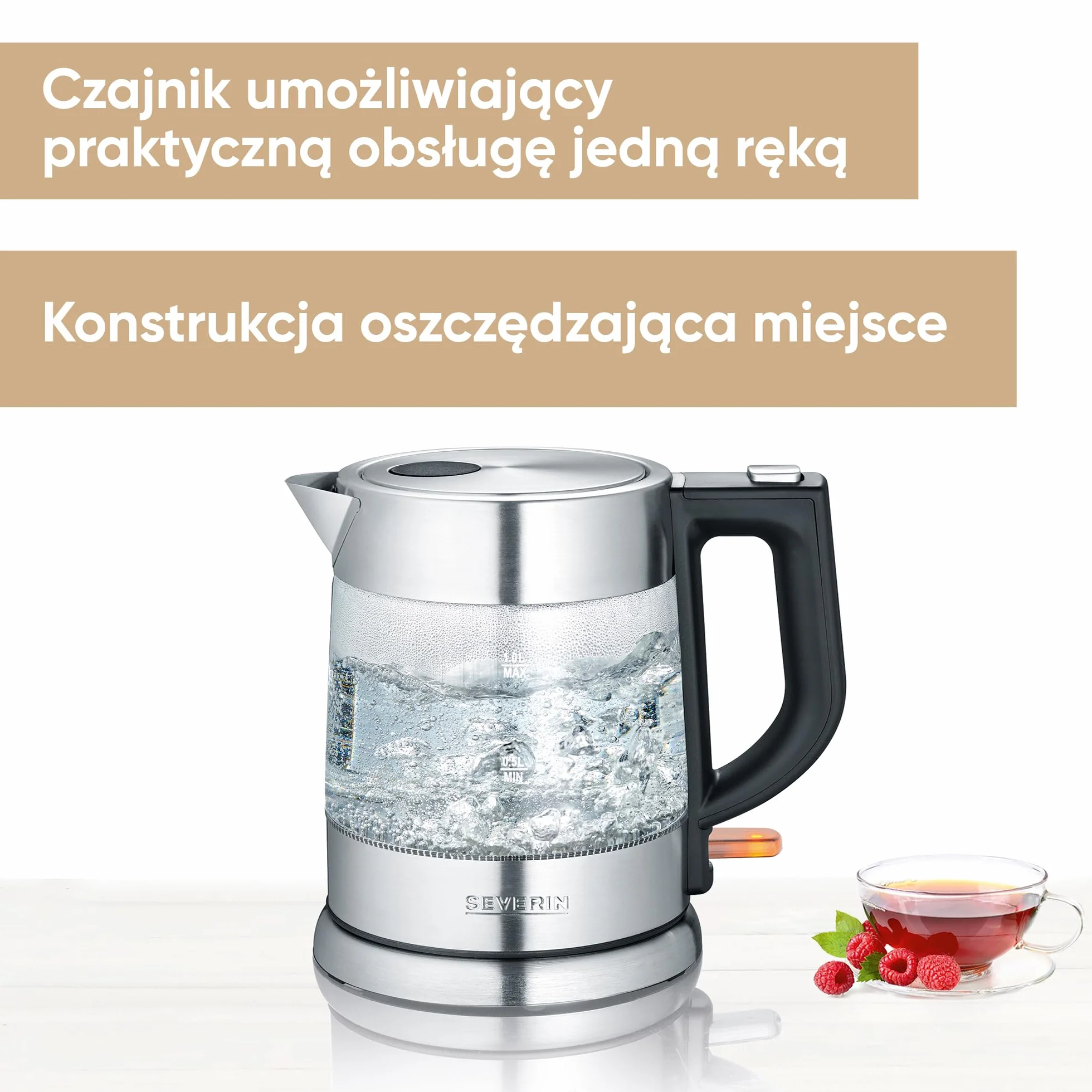 SEVERIN Czajnik szklany, mocny i kompaktowy czajnik wysokiej jakości, czajnik elektryczny z filtrem wapiennym, stal nierdzewna/czarny, WK 3468