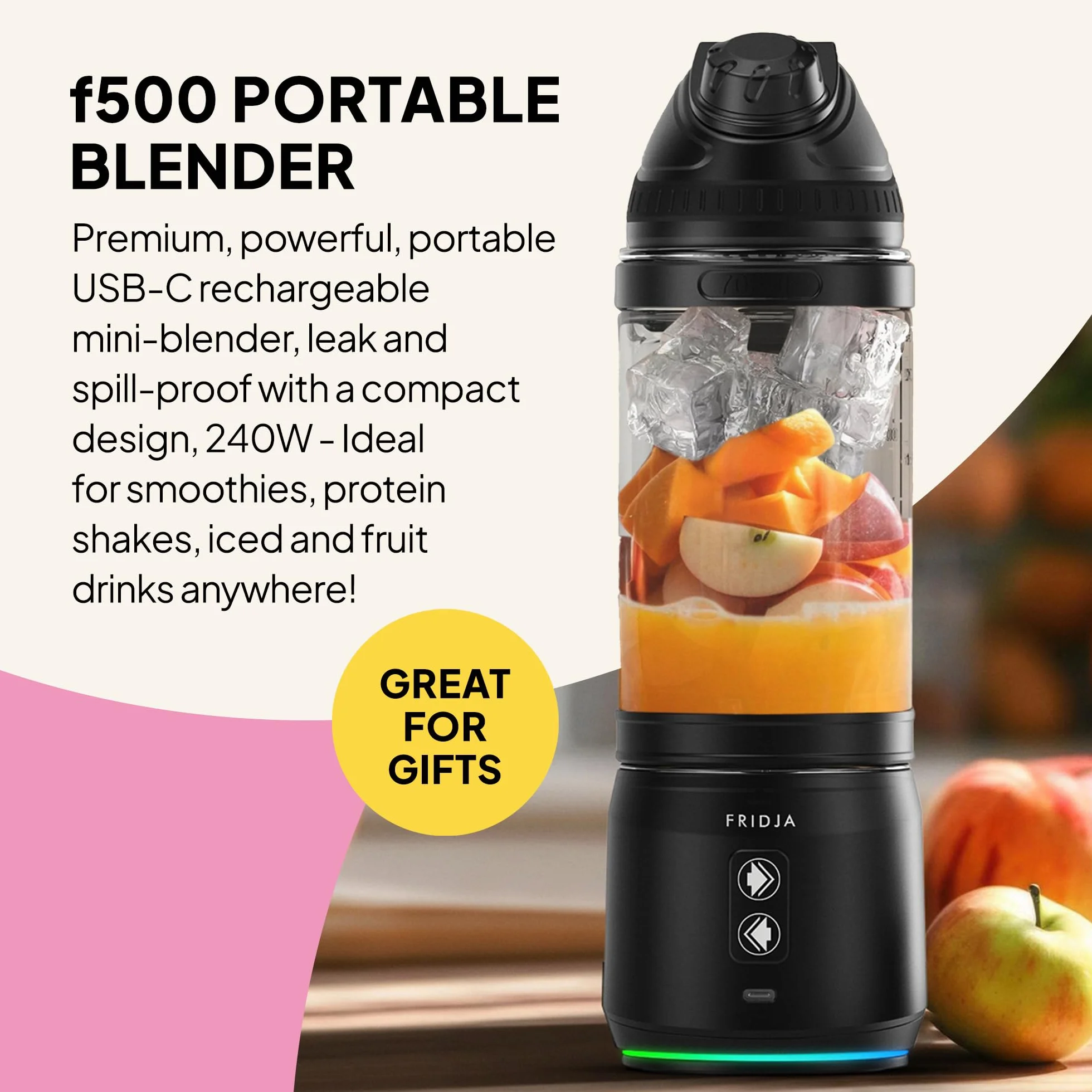 Fridja Przenośny blender F500, mocny silnik 240 W, akumulator USB-C, szczelna i kompaktowa konstrukcja, idealny do smoothie, koktajli proteinowych, podróży i siłowni, butelka bez BPA, 6-listkowe