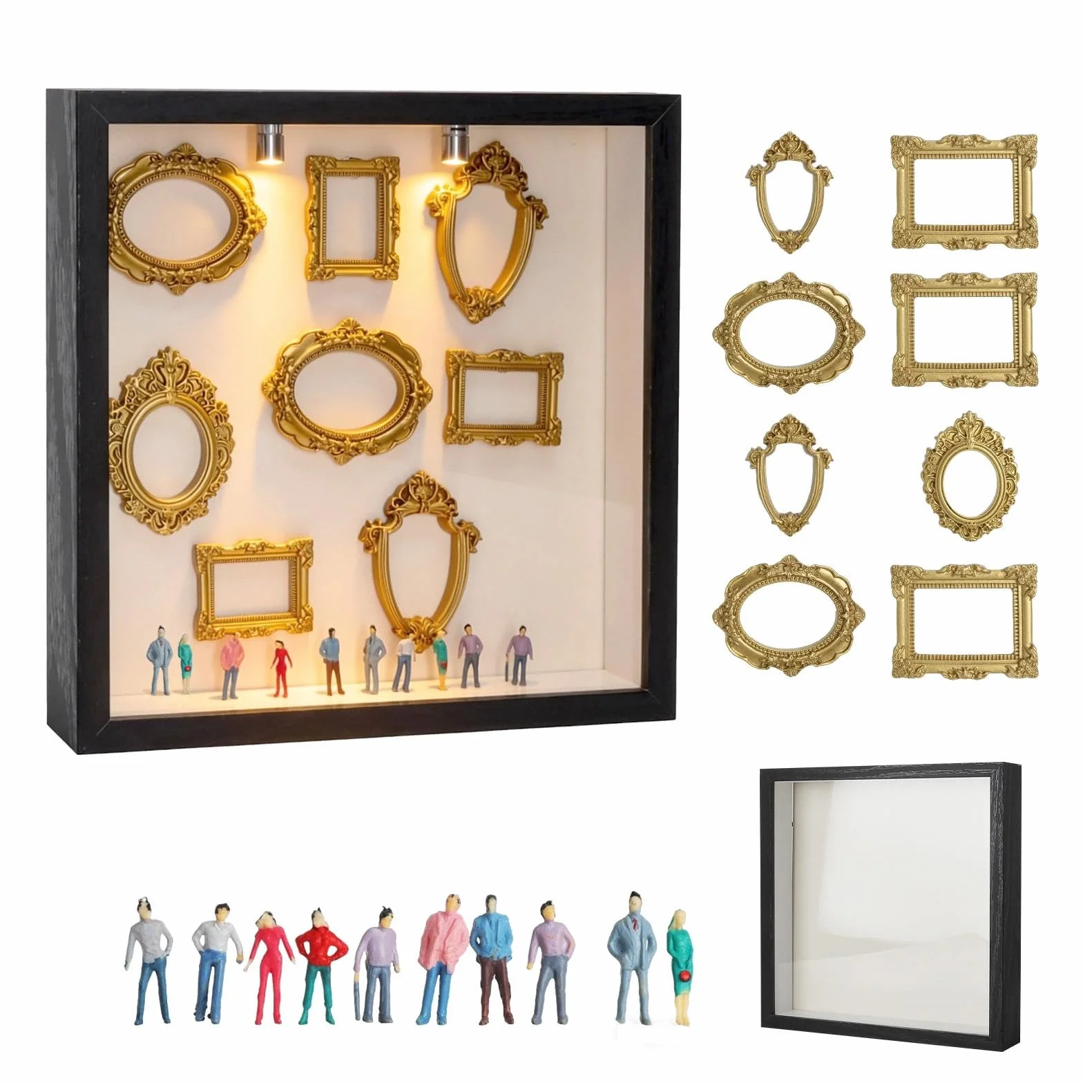 Mini muzeum DIY Silhouette Box, zestaw do ekspozycji zdjęć i wspomnień z 8 mini złotymi ramkami, 10 mini figurkami ludzi, kreatywna ramka na zdjęcia do wypełnienia z oświetleniem LED, na rocznicę