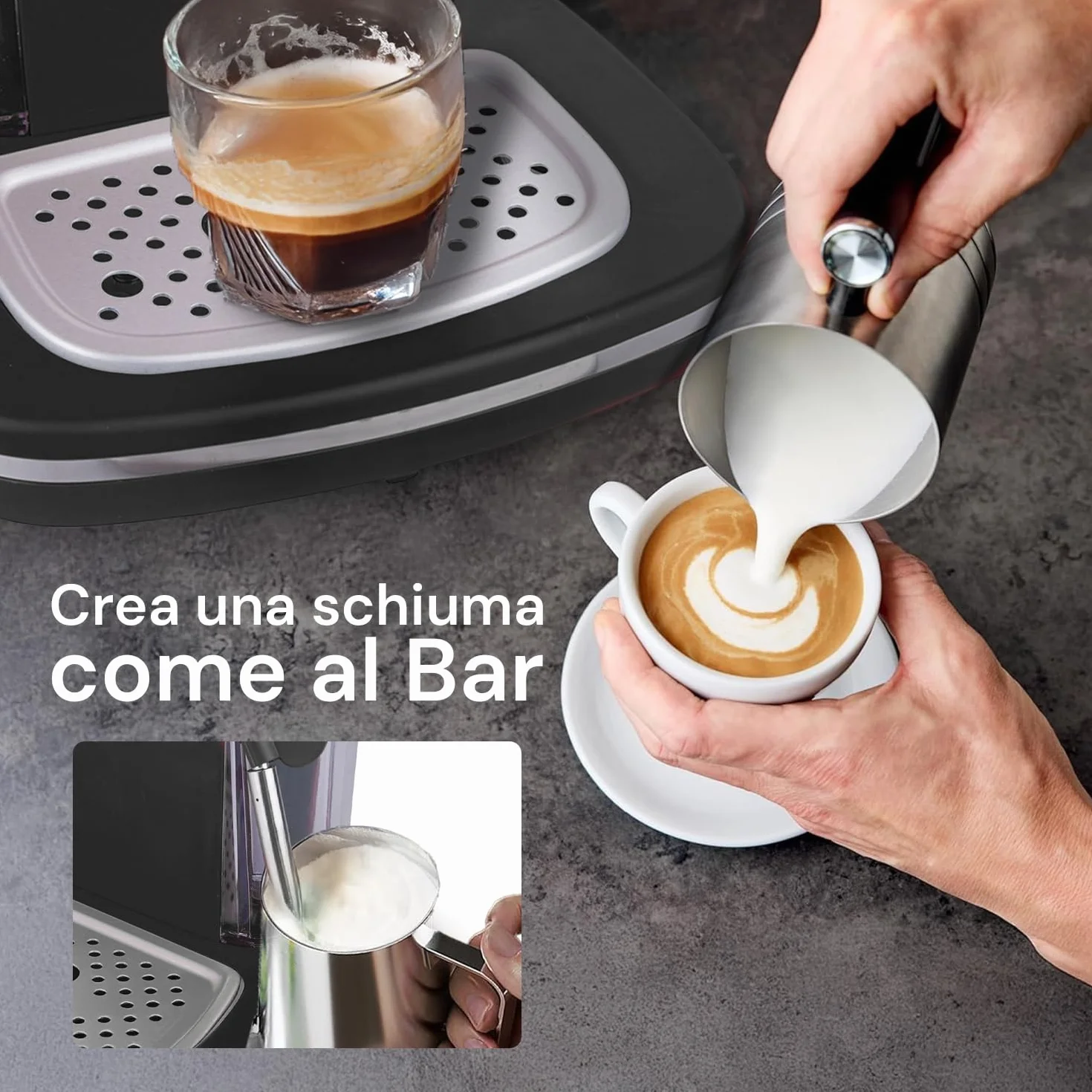 Wintem - Czarna kawa 1100 W do espresso i cappuccino z włócznią parową, kompatybilny z goframi i kawą mieloną, wyjmowany zbiornik 1,2 l, ciśnienie 15 bar