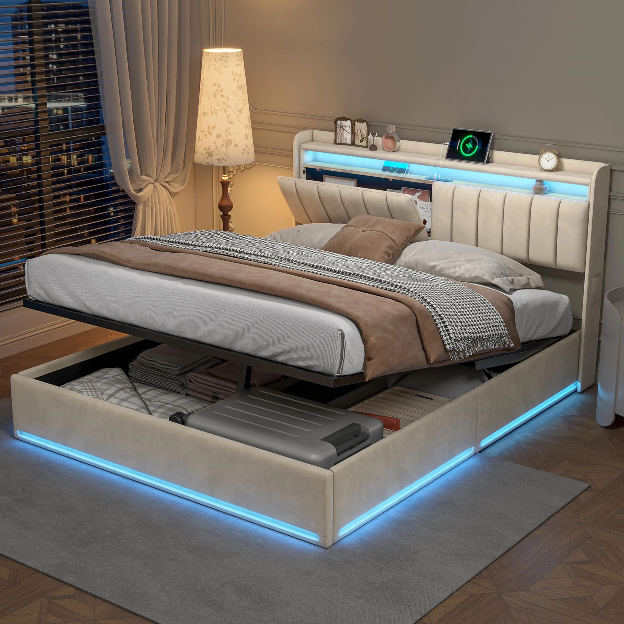 Łóżko tapicerowane z miejscem do przechowywania, 140 x 200 cm, podwójne łóżko z oświetleniem USB i LED, hydrauliczne łóżko do przechowywania, rama łóżka ze stelażem i skrzynią na pościel