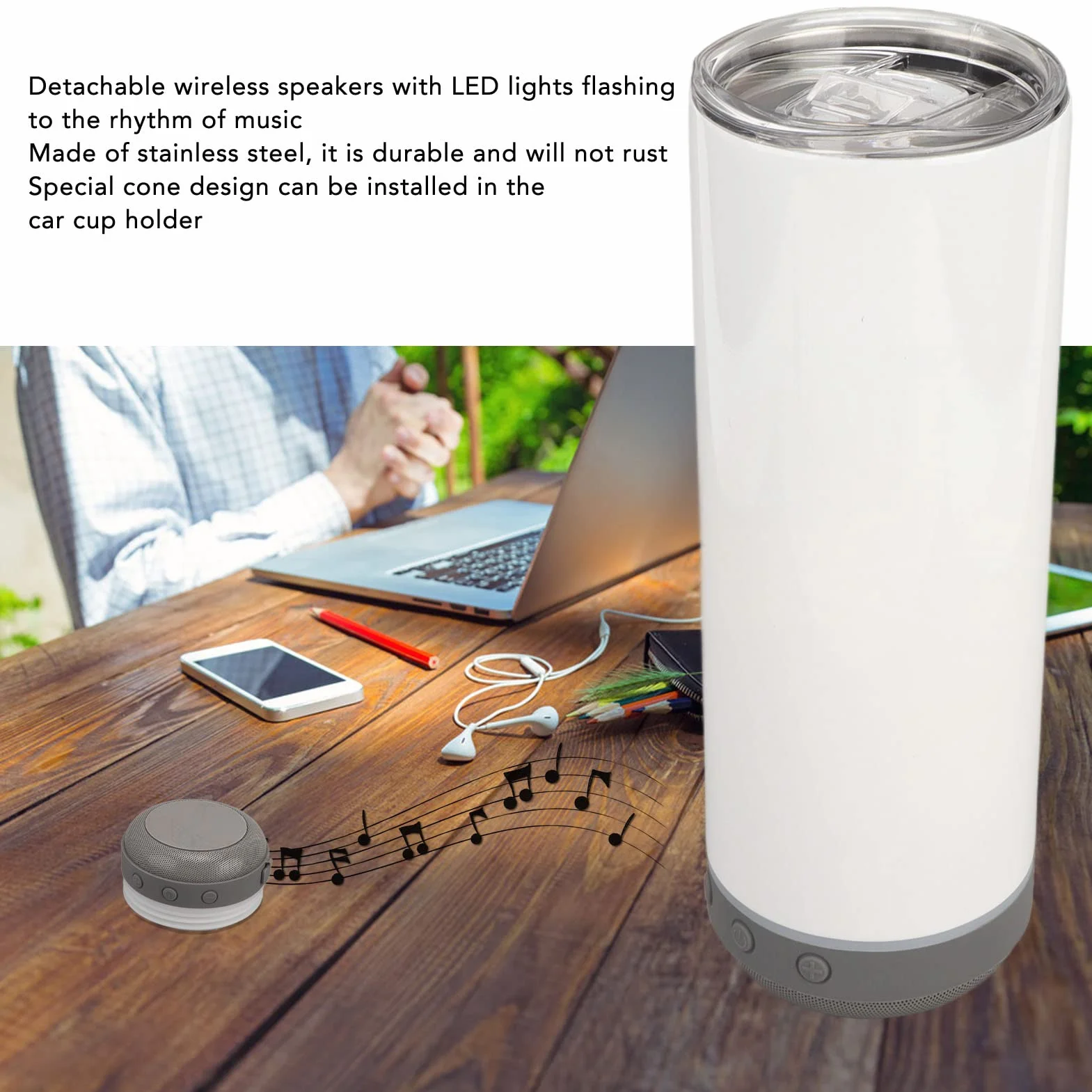 Kubek sublimacyjny 20oz, izolowane kubki ze stali nierdzewnej 304, zdejmowane termosy próżniowe z podwójną ścianką z głośnikiem Bluetooth i światłami LED, wodoodporny kubek muzyczny na prezent bożonar