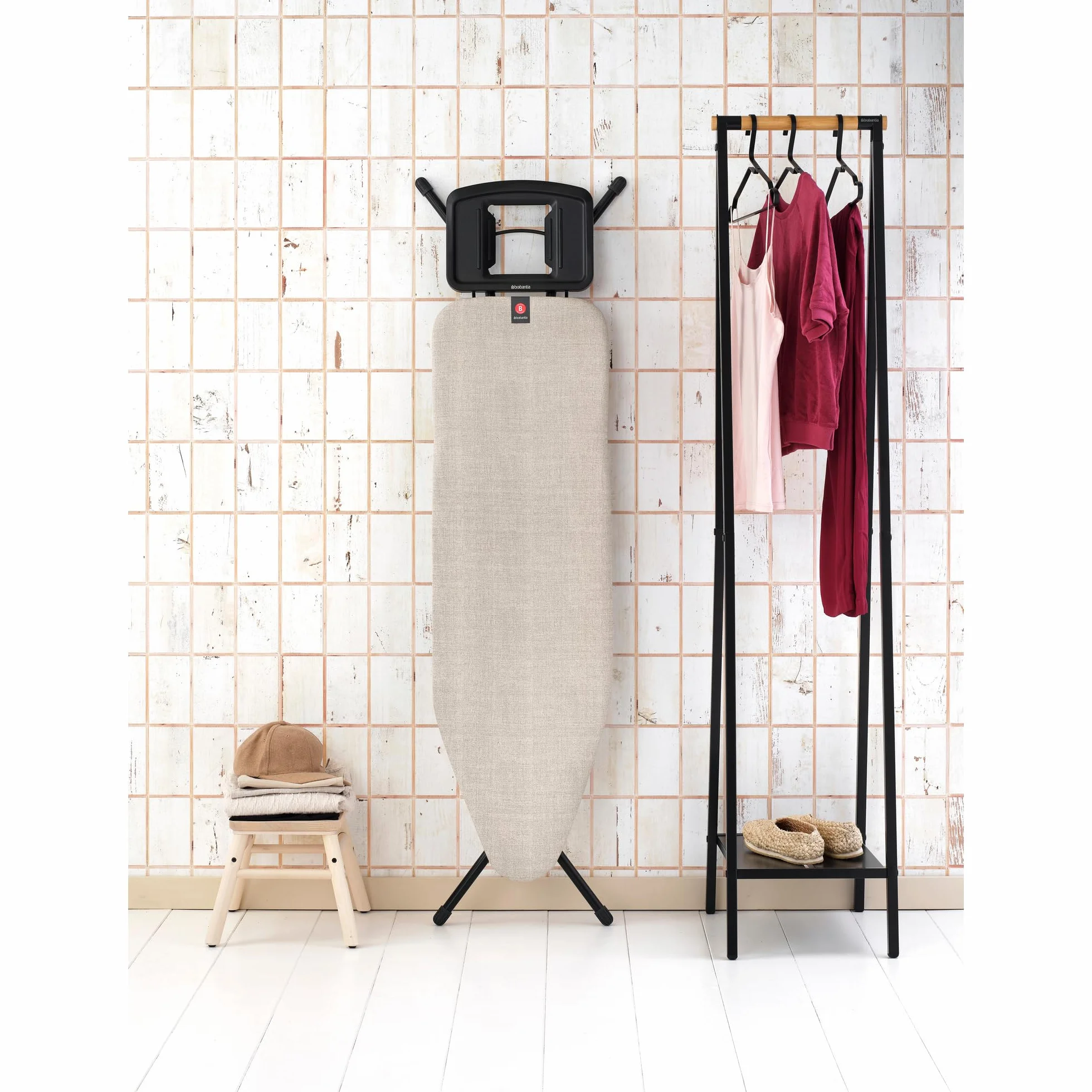 Brabantia Ironing Board B, 124x38cm - Denim Grey | 100% Fairtrade Cotton | 8mm Foam Layer | Stable & Anti-Wobble Frame | Foldable with Adjustable Height & Solid Steam Iron Rest