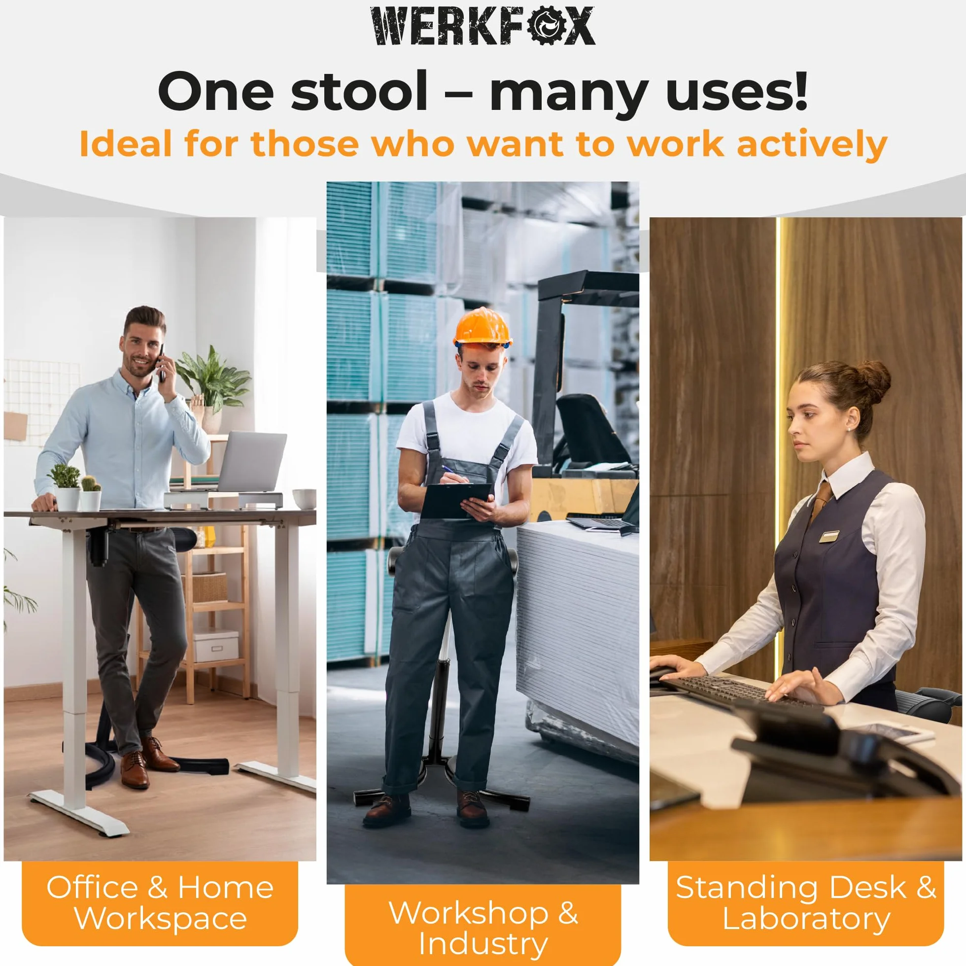 Stołek stojący Werkfox® Ergonomiczny stołek z regulacją wysokości; Stojący stołek warsztatowy; Stojące krzesło do biurka, biura, przemysłu.