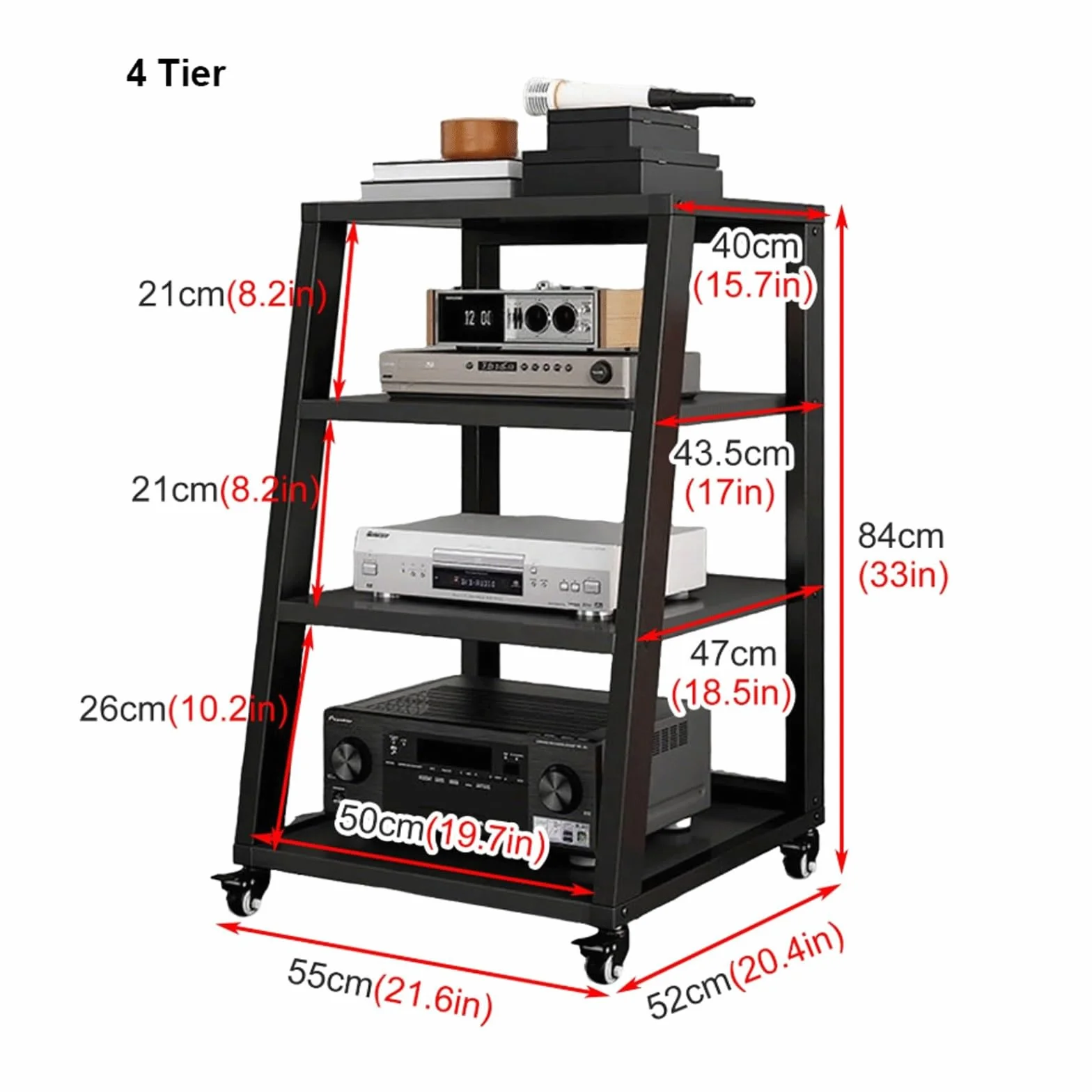 Stojak Av Media Stojak z kółkami Trapezowa konsola do gier Półka Rolling Home Stereo System Rozrywka Komponenty Szafka do gramofonu Salon, Nero-4 Poziom