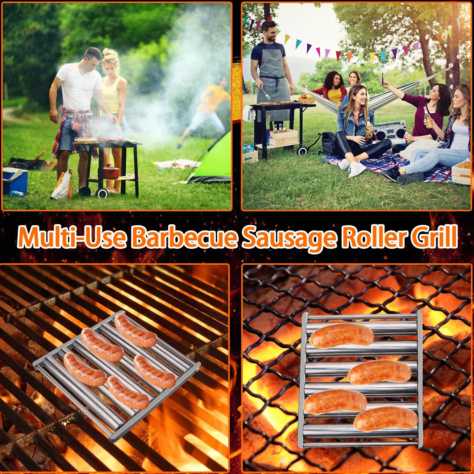 Grill rolkowy do hot dogów, grill do kiełbasy, 5 hot dogów, 6-rolkowy podgrzewacz z uchwytem, stojak rolkowy do kiełbasy ze stali nierdzewnej (1 zestaw)