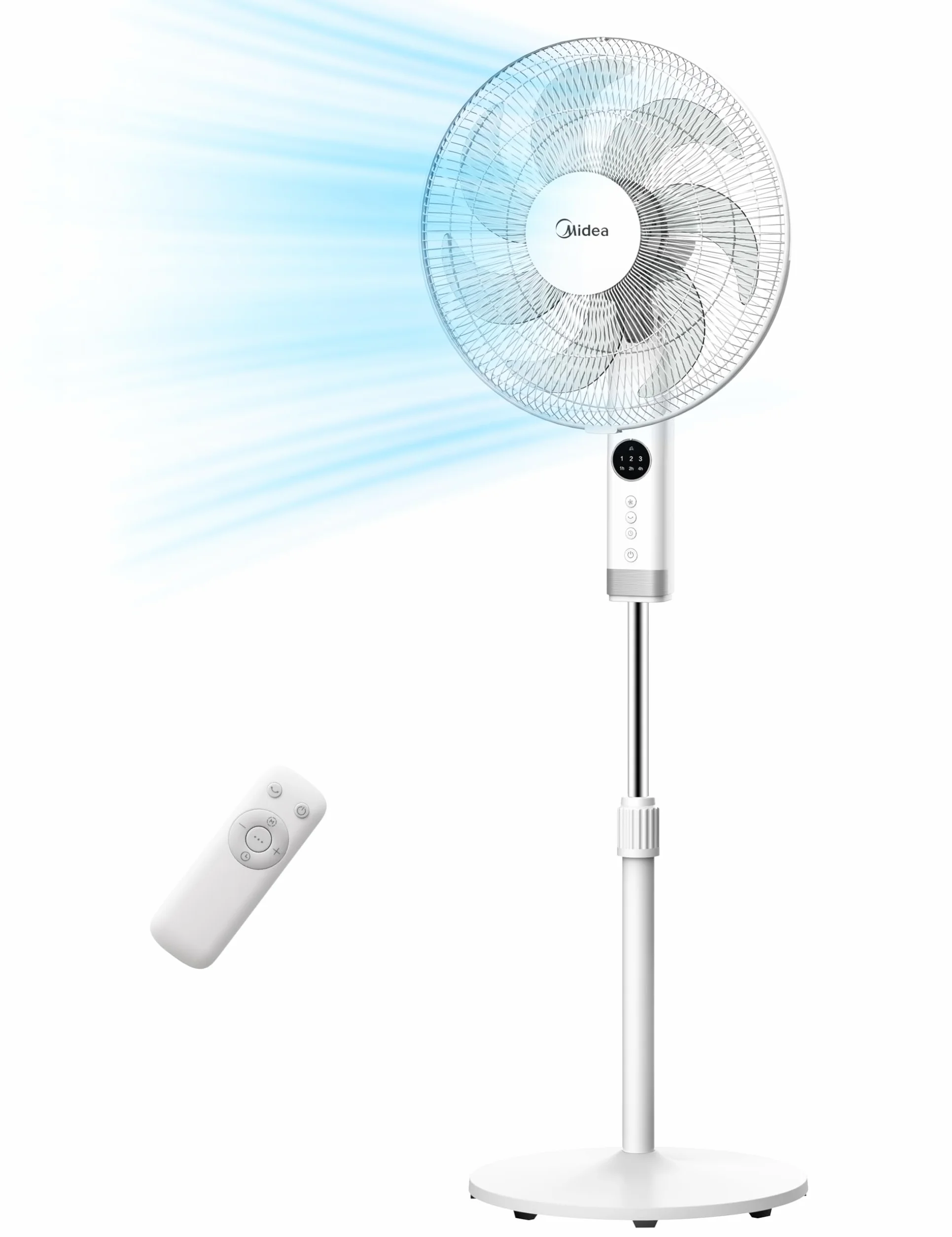 Midea MFS400R0APW 50W cichy wentylator podłogowy, 3 regulowane prędkości, 7 bionicznych łopatek, oscylacja 90°, timer 7H z pilotem zdalnego sterowania, wyświetlacz LED, mocny silnik AC, biały