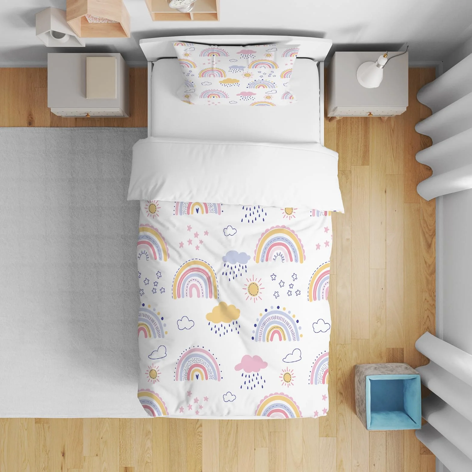 Zestaw pościeli dla dziewczynek w kolorach tęczy, poszewka na poduszkę 65x65 cm, poszwa na kołdrę 140x200 cm, pościel w stylu kreskówkowym z chmurami z łatwym do otwierania zamkiem