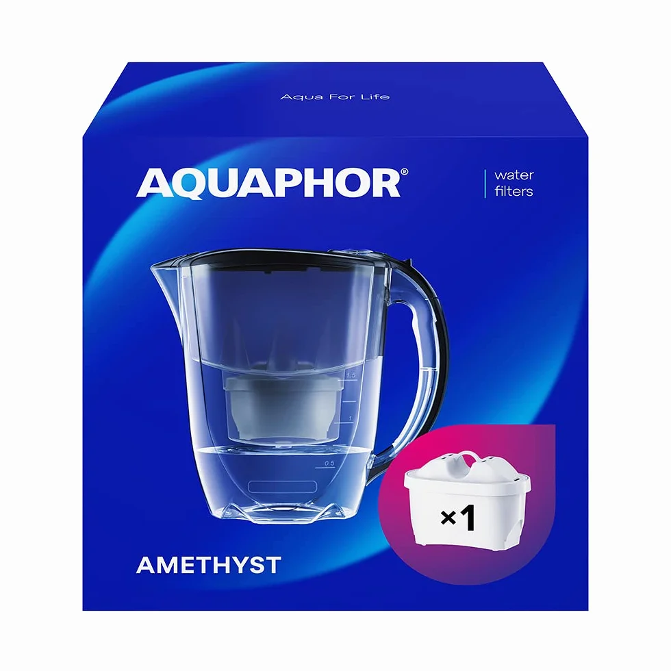 AQUAPHOR Ametyst czarny z 1 dzbankiem filtrującym MaxFOR+, karafka na 2,8 l, pasuje do drzwi lodówki, redukuje wapno i chlor, stołowy filtr do wody, stylowy pojemnik