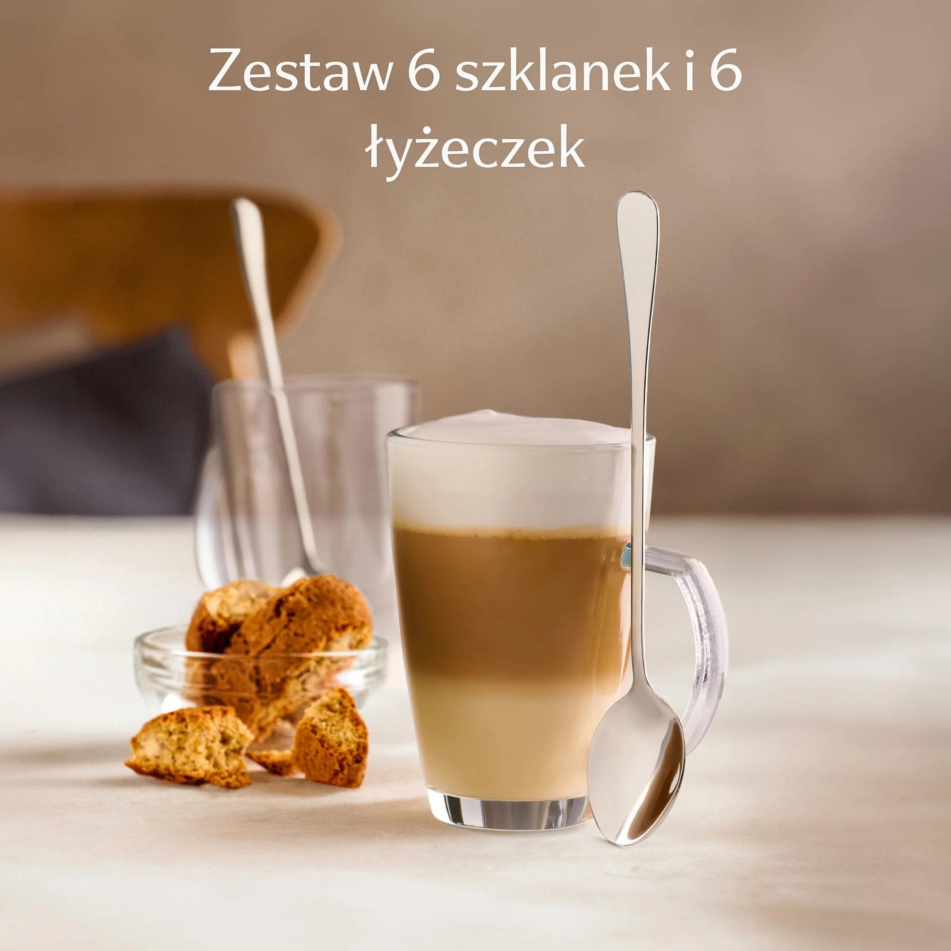 Cosumy 6 Szklanek Latte Macchiato z Uchwytem i Łyżeczką - 300ml - Długo Utrzymuje Ciepło - Idealny Rozmiar Automatycznych Ekspresów Kawy - Można Myć w Zmywarce