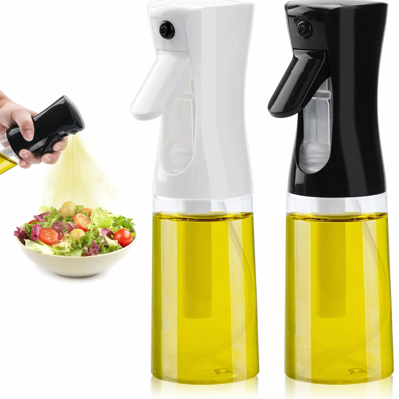 Opryskiwacz do oleju spożywczego, szklany, butelka z rozpylaczem 200 ml, rozpylacz oleju do kuchni, grillowania, sałaty, BBQ, frytkownicy na gorące powietrze, pieczenia, 2 sztuki (czarny + biały)