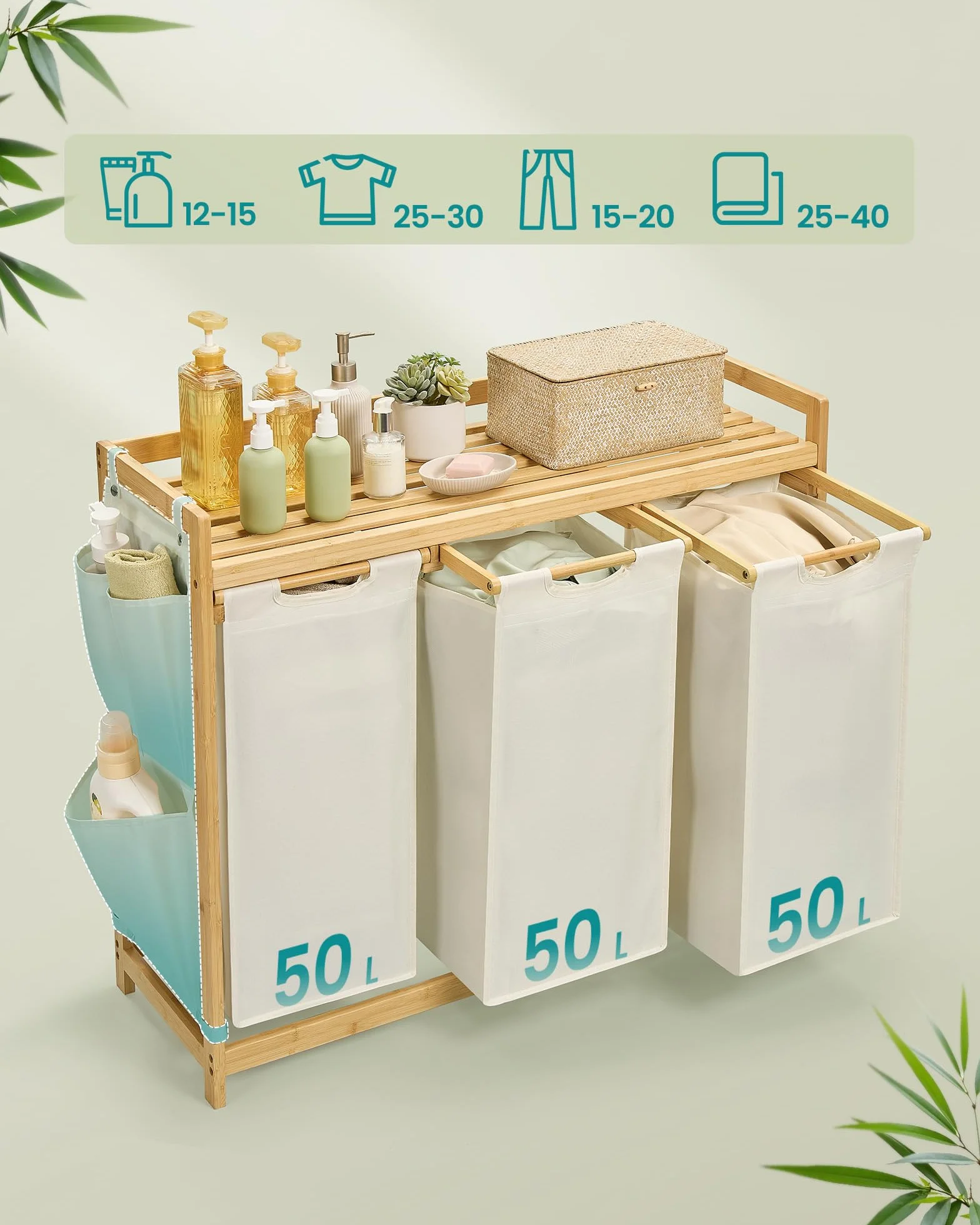 SONGMICS Kosz na pranie, z 3 przegródkami, kosz na brudną bieliznę, bambusowy, pojemność 150 l, z półką, kieszeniami bocznymi, 3 x 50 l, 94 x 33 x 78 cm, kremowo-biały RLH115W01