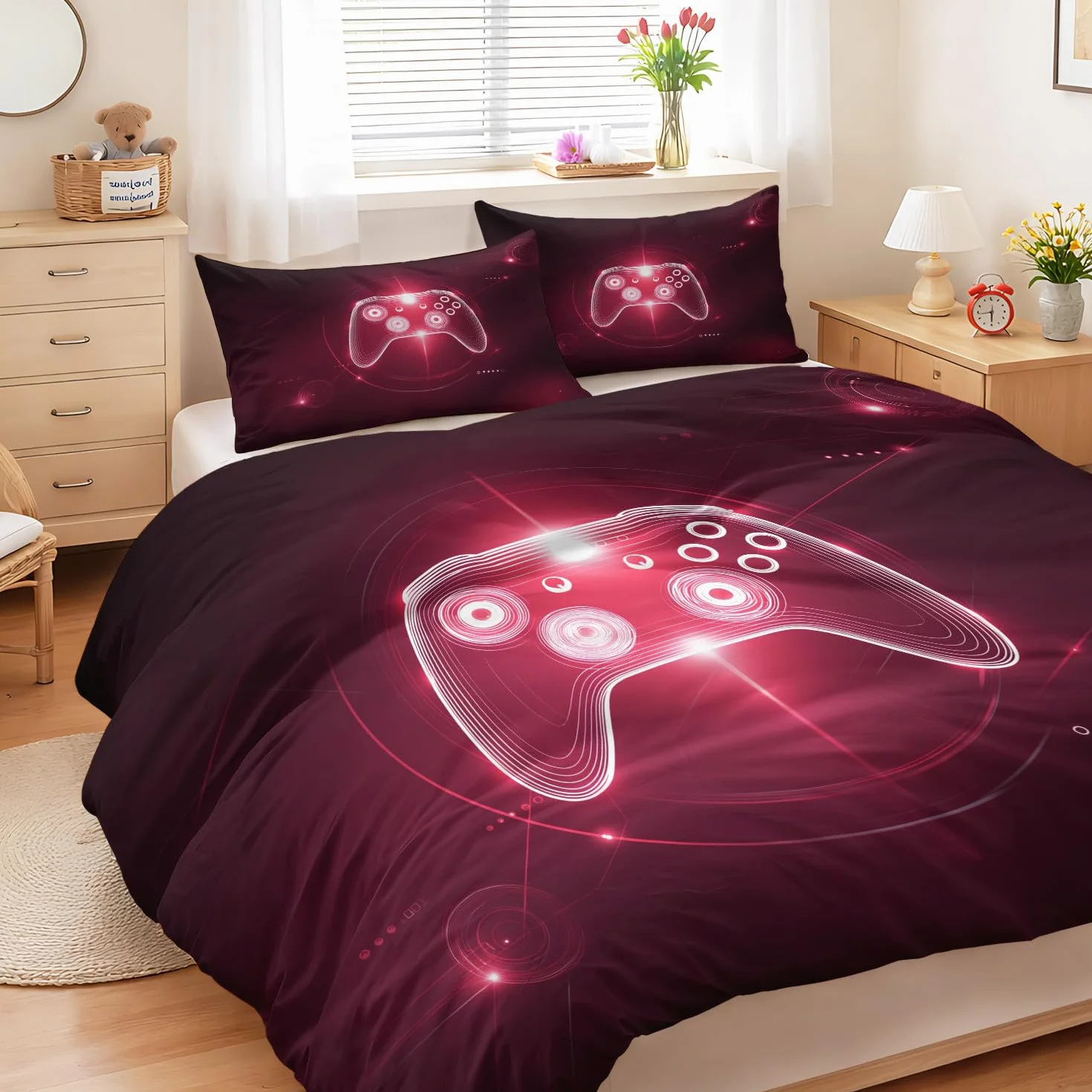 Super King Premium zestaw poszewek na kołdrę 260 x 220 cm, czerwone wino, hipoalergiczne, dwustronne, 3 szt., do gier, futurystyczny, science fiction, neonowy kontroler, e-sport, poszewka na kołdrę na