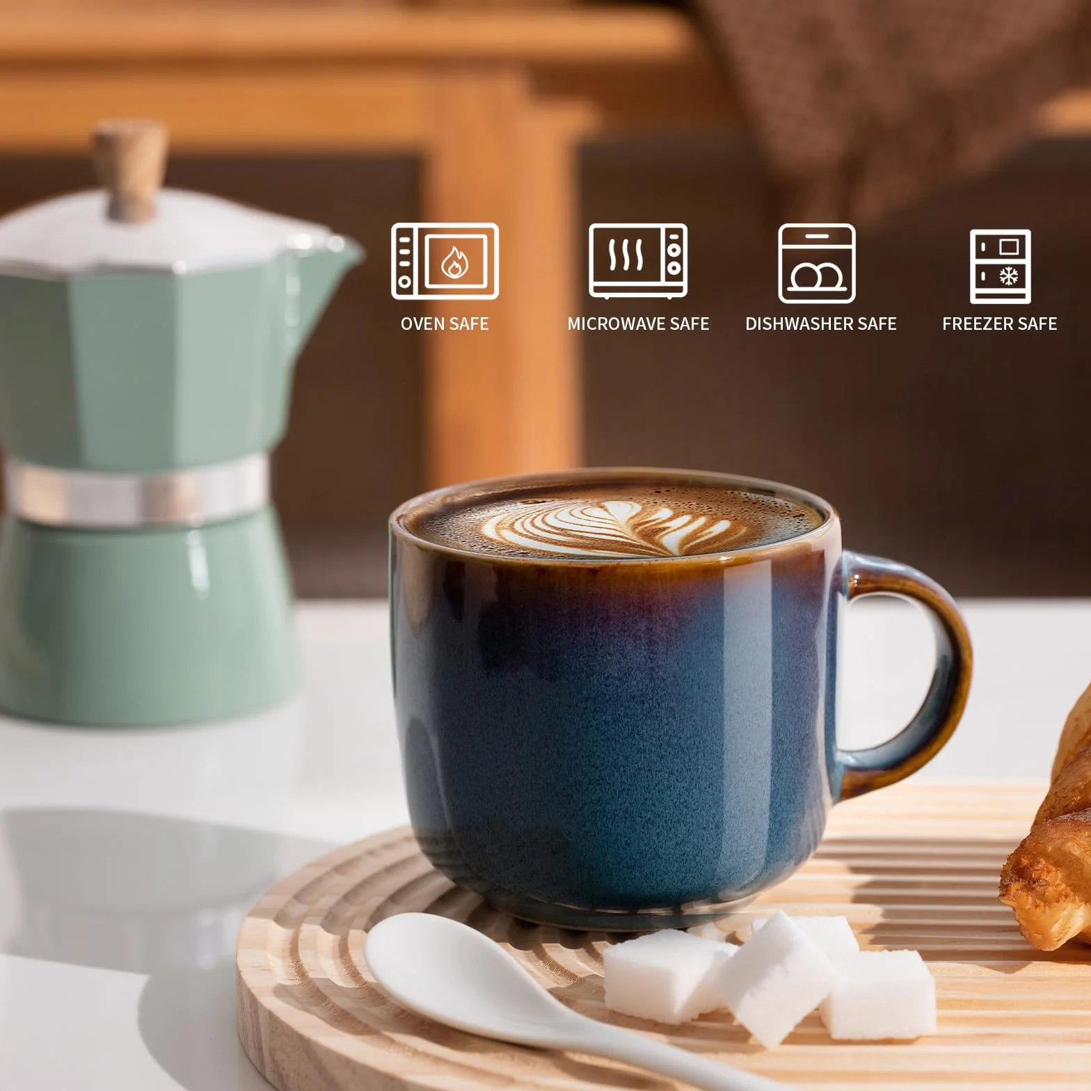 6-częściowy zestaw kubków do kawy, ceramiczne filiżanki do herbaty, wielofunkcyjne, odporne na zmywarkę i kuchenkę mikrofalową, kubek do kawy 360 ml, niebieski kubek kawowy