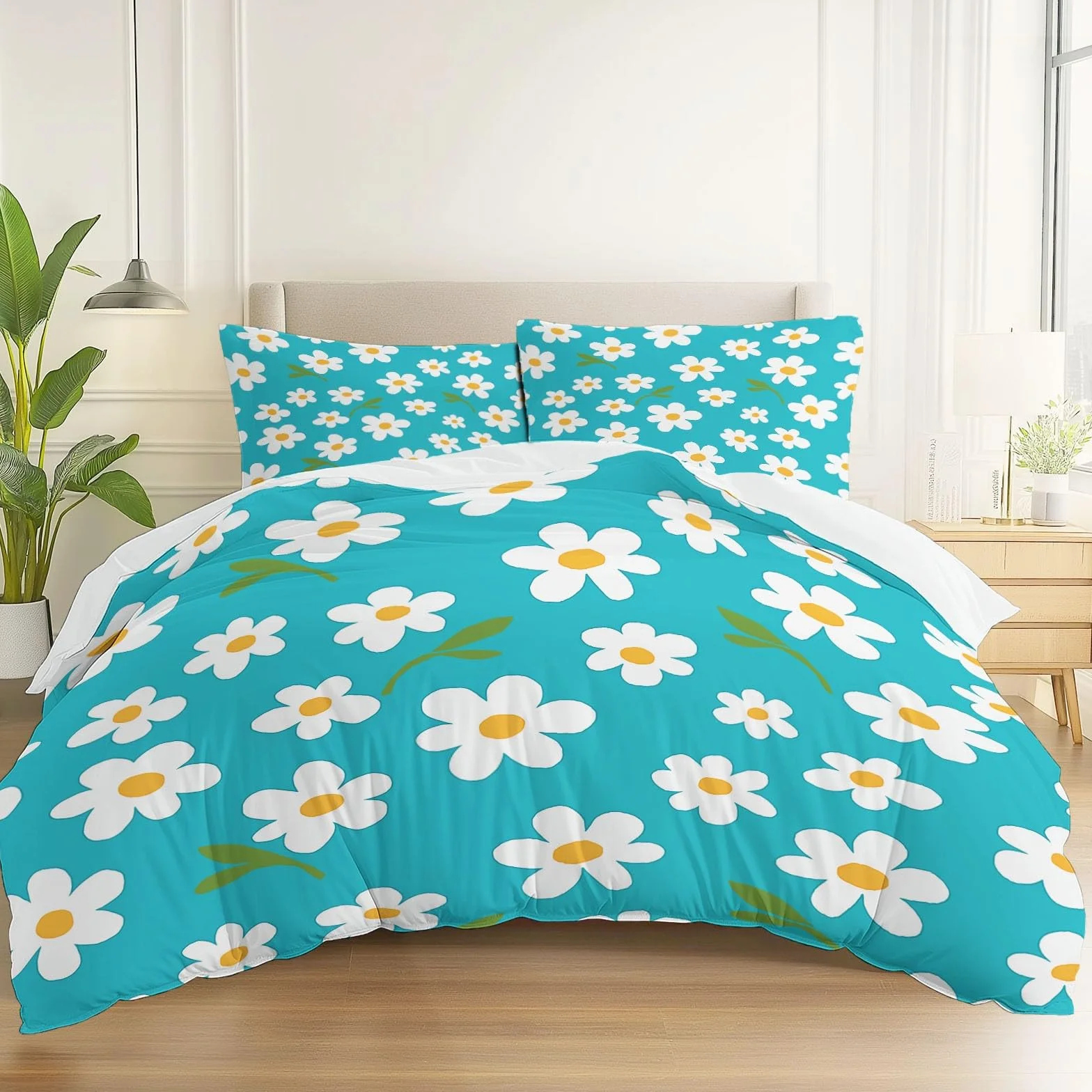 Zestaw pościeli Daisiespatterns miękki nadruk zestaw pościeli szczotkowana mikrofibra poszewka na kołdrę z poszewkami na poduszki 260 x 220 cm prezenty dla mamy sypialnia dekoracja biały niebieski
