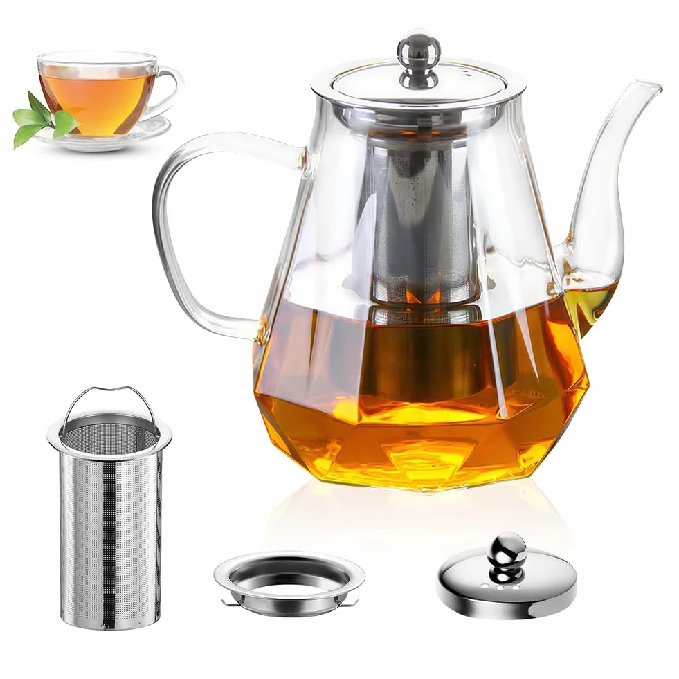 RANJIMA Dzbanek do herbaty z sitkiem, szklany dzbanek o pojemności 1,0 l, odporny na wysokie temperatury, szklany dzbanek z pokrywką, Premium Teapot z sitkiem ze stali nierdzewnej, idealny do