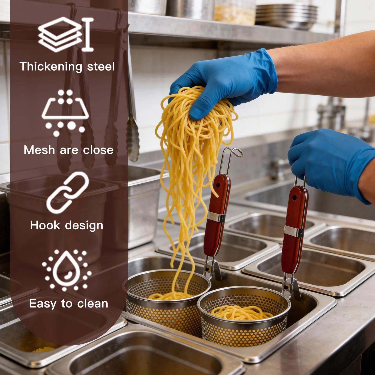 2 Szt. Kosz do Makaronu z Mikroperforacją, Sito do Ramen ze Stali Nierdzewnej, 14cm+12cm Sito do Gotowania z Drewnianą Rączką do Makaronu, Warzyw, Klusek, Żywności
