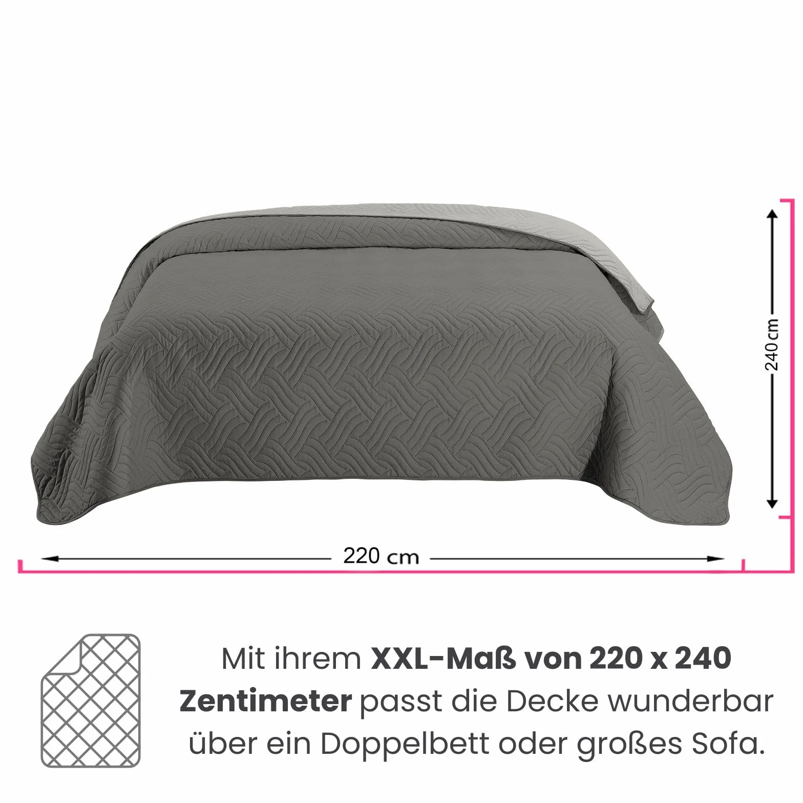 Wometo OekoTex Narzuta 220 x 240 cm Poszewka z Mikrofibry Szara Watowana Pikowana Dwustronna XXL