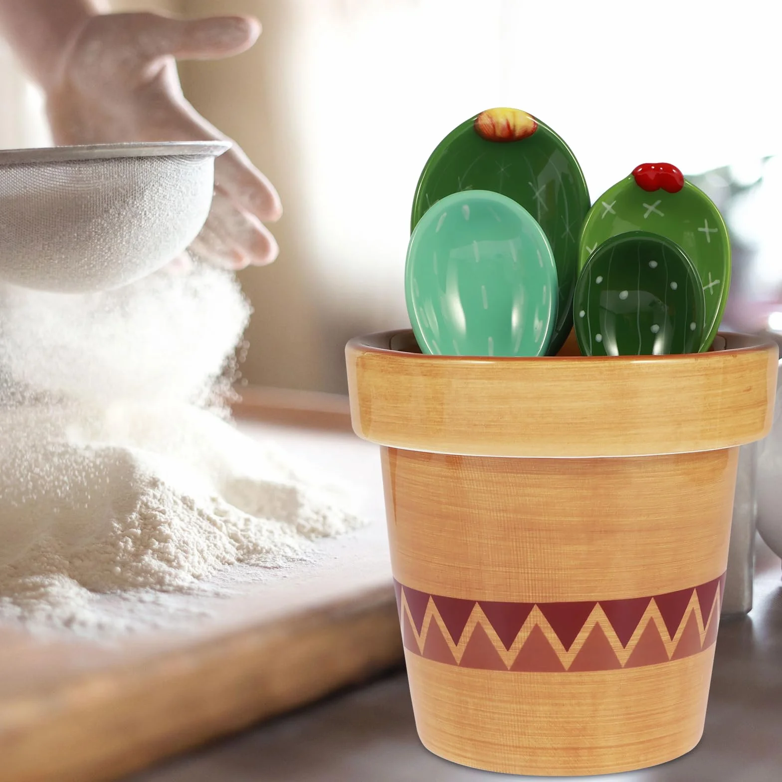 Zestaw 5 łyżek z miarką w doniczce, zestaw ceramicznych kaktusów, miarki z kubkami i łyżeczkami, do kuchni, na sucho, mokro, płyn, żywność, sól i cukier (A)