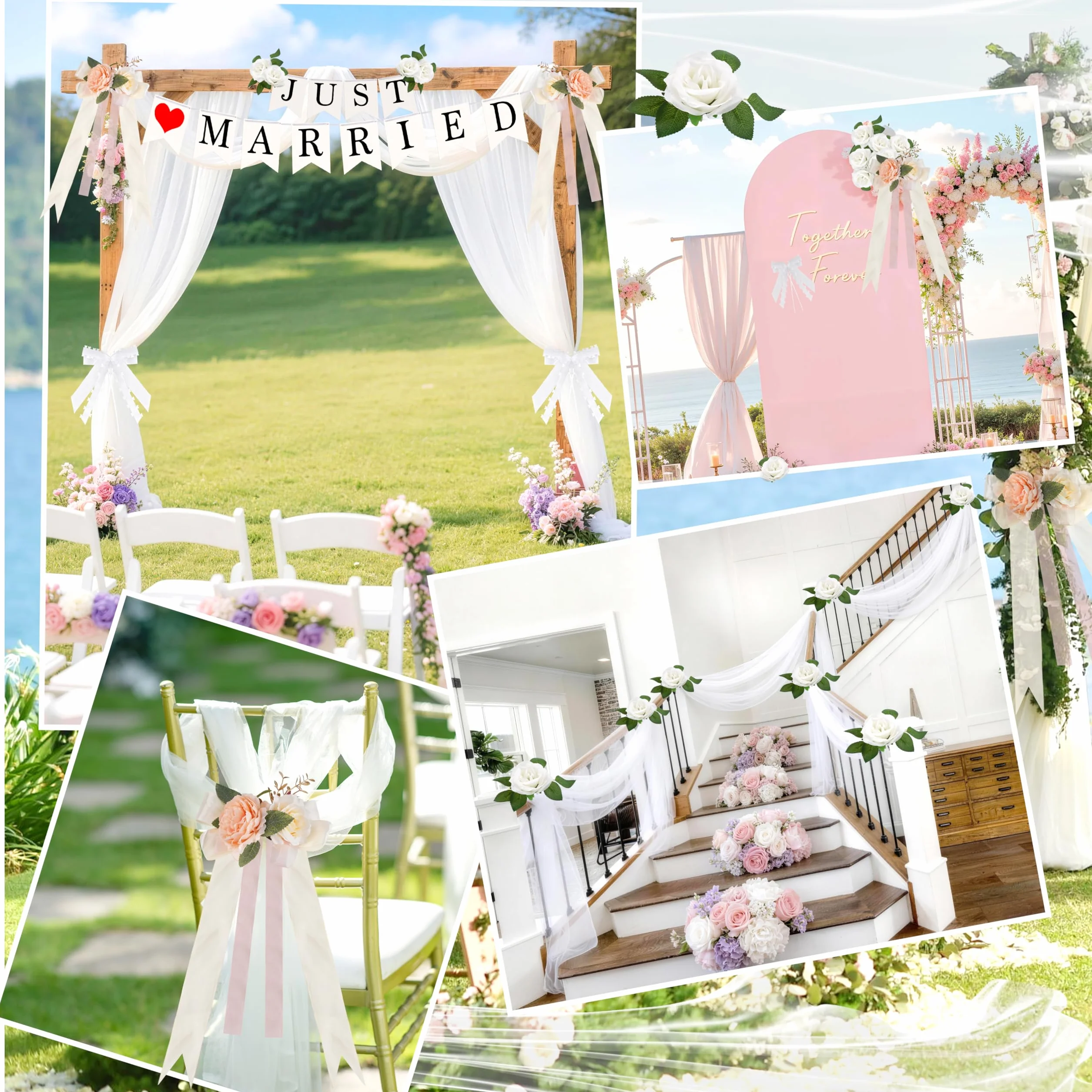 Ślubna ozdoba samochodowa (4 kokardy samochodowe na uchwyty + 2 weselne kokardki samochodowe + 2 x 180 cm girlanda z jedwabnymi kwiatami z 9 różami + naklejka Just Married i łańcuch