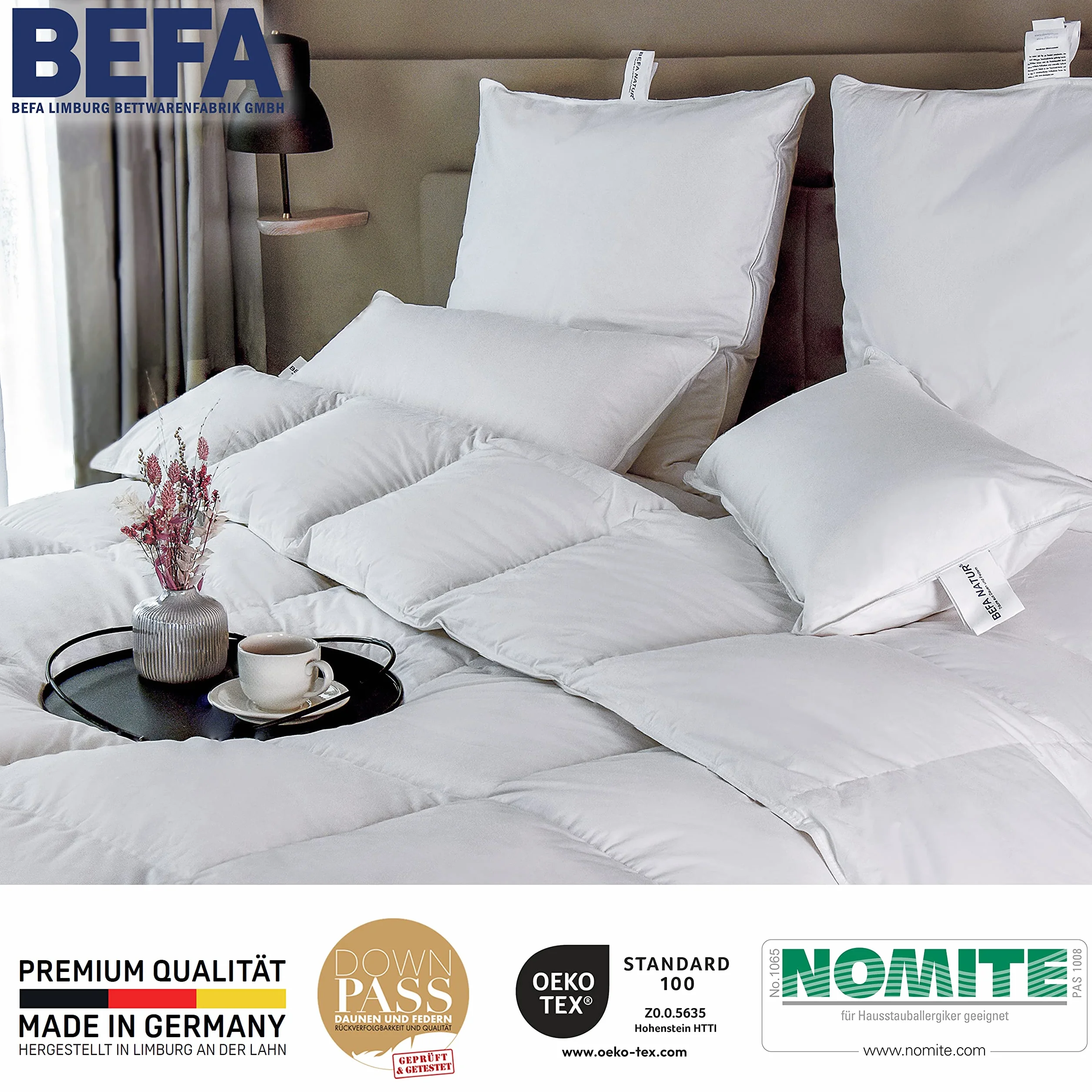 BEFA NATUR Kołdra puchowa całoroczna 240 x 220 cm | 90% puch i 10% pierze | waga wypełnienia 1220 g | nadaje się dla alergików (NOMITE), certyfikat dobrostanu zwierząt (DOWNPASS) | Oeko-Tex klasa 1 |