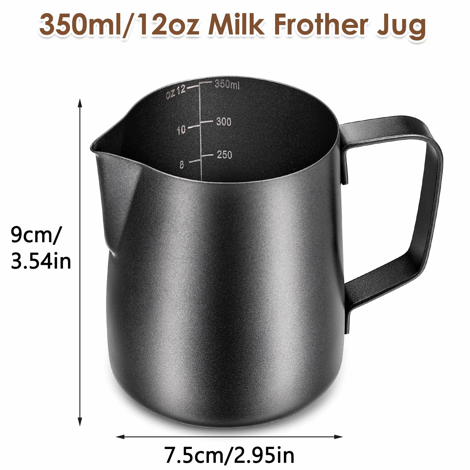 Anpro Metalowy dzbanek do spieniania mleka, 350 ml / 340 ml dzbanek na mleko ze stali nierdzewnej 304 z pisakiem artystycznym do dekoracji latte, metalowe akcesoria baristów do cappuccino latte i
