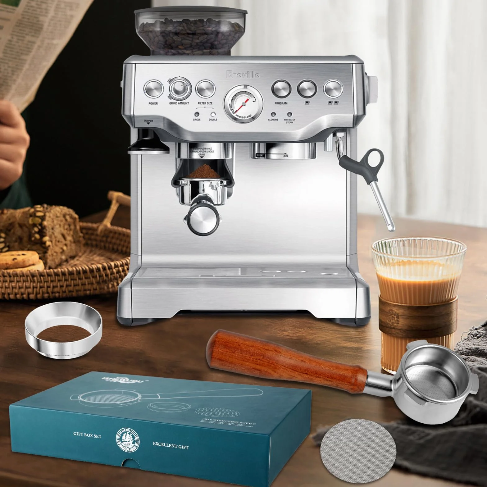 Bezdenny portafilter 54 mm z podwójnym ekranem krążkowym kompatybilny z serią Sage Breville Barista i lejek dozujący pasuje do Barista Express zawiera potrójne opakowanie prezentowe do